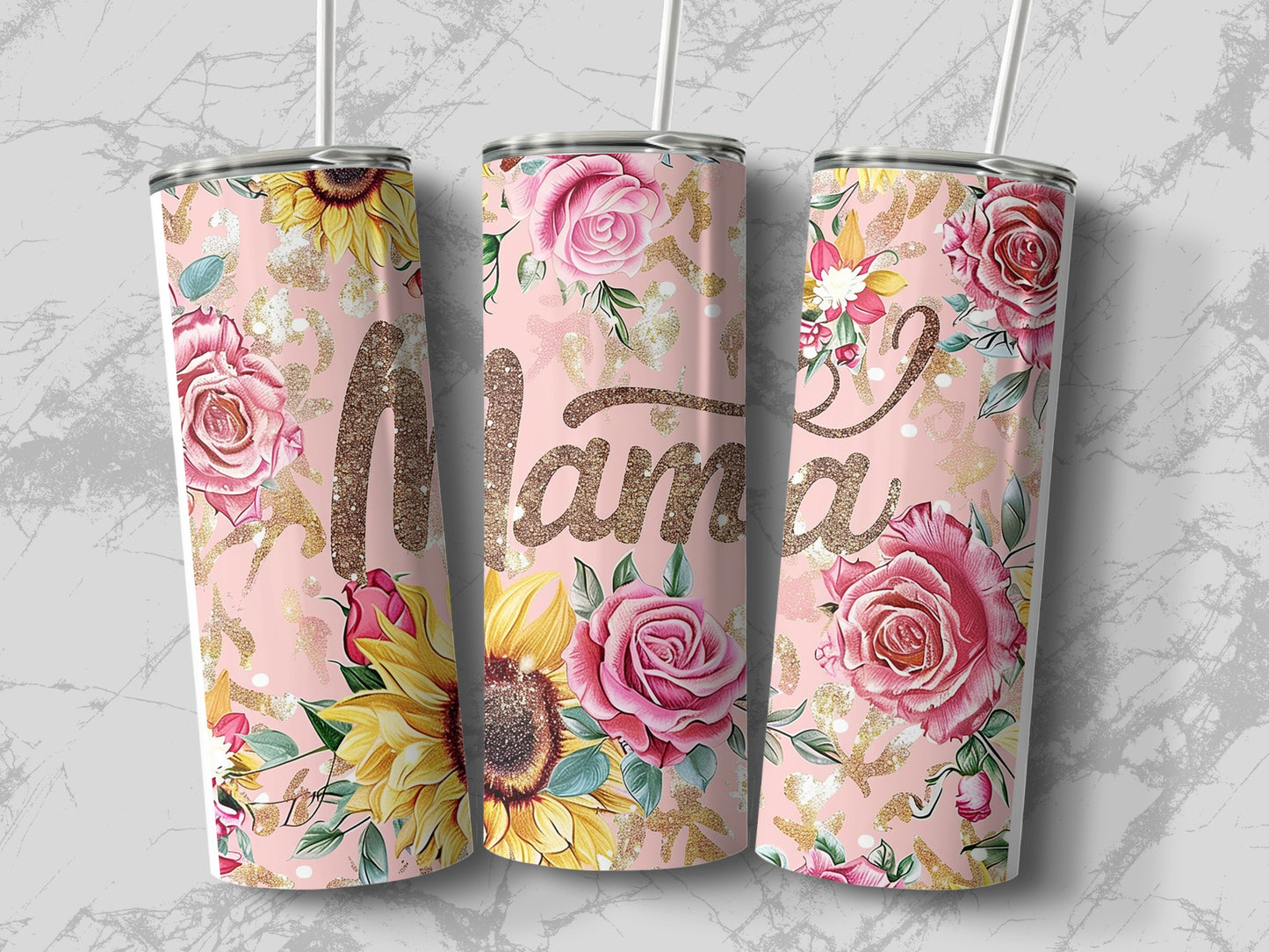 Mama Floral Design Glittery Tumbler for Stylish Sipping