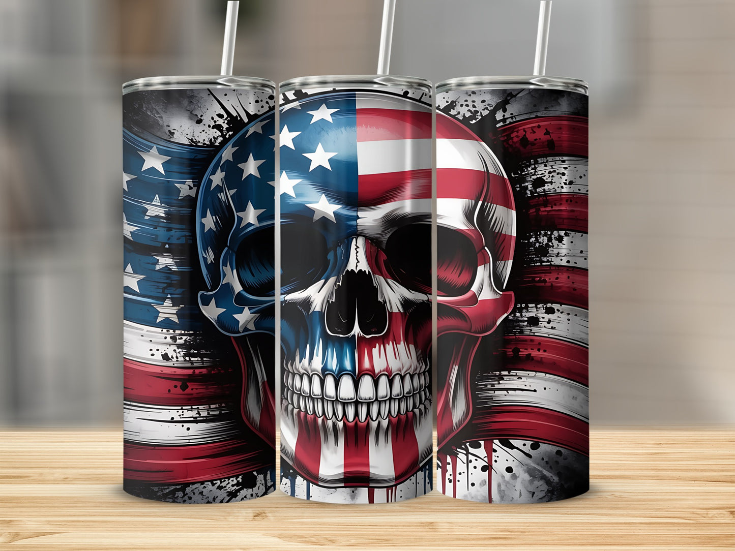 American flag skull tumbler with straws on wooden surface.