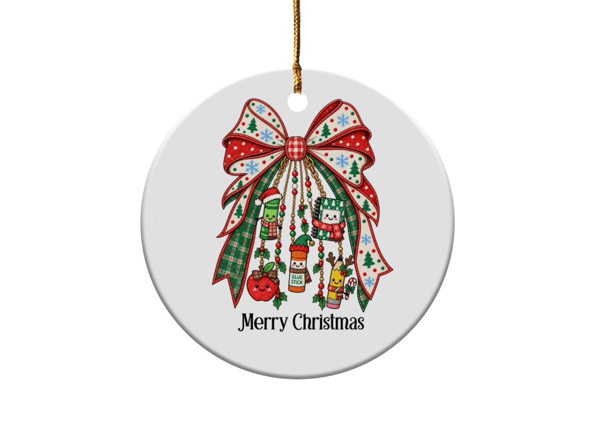 Round Christmas ornament with festive bow and holiday-themed school supplies, saying "Merry Christmas."