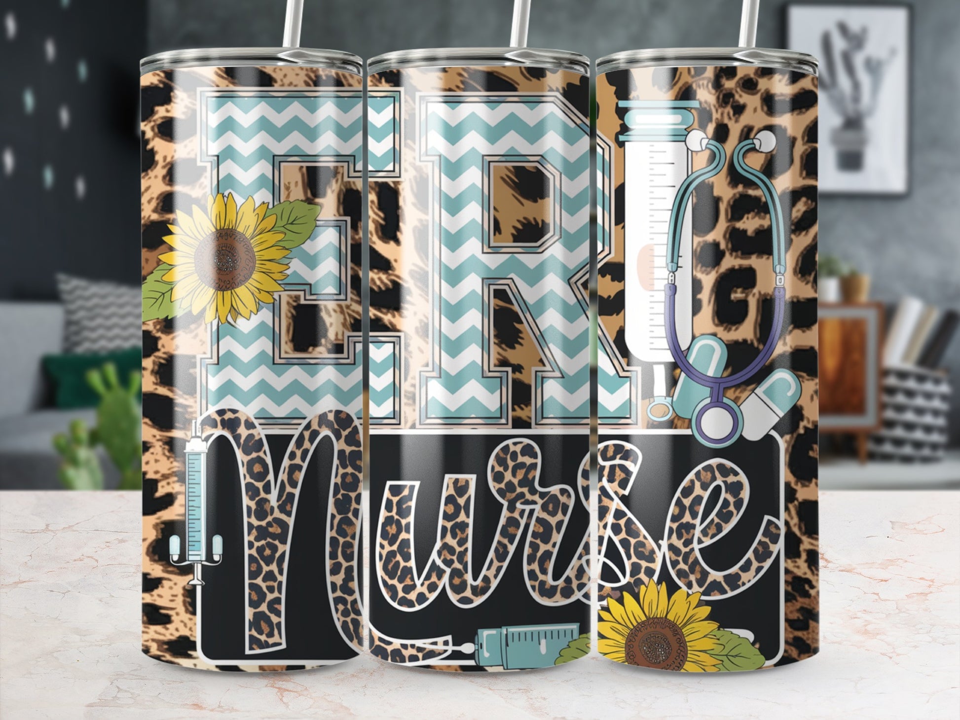 Leopard print tumbler with "ER NURSE" text, stethoscope, sunflowers, and medical graphics.