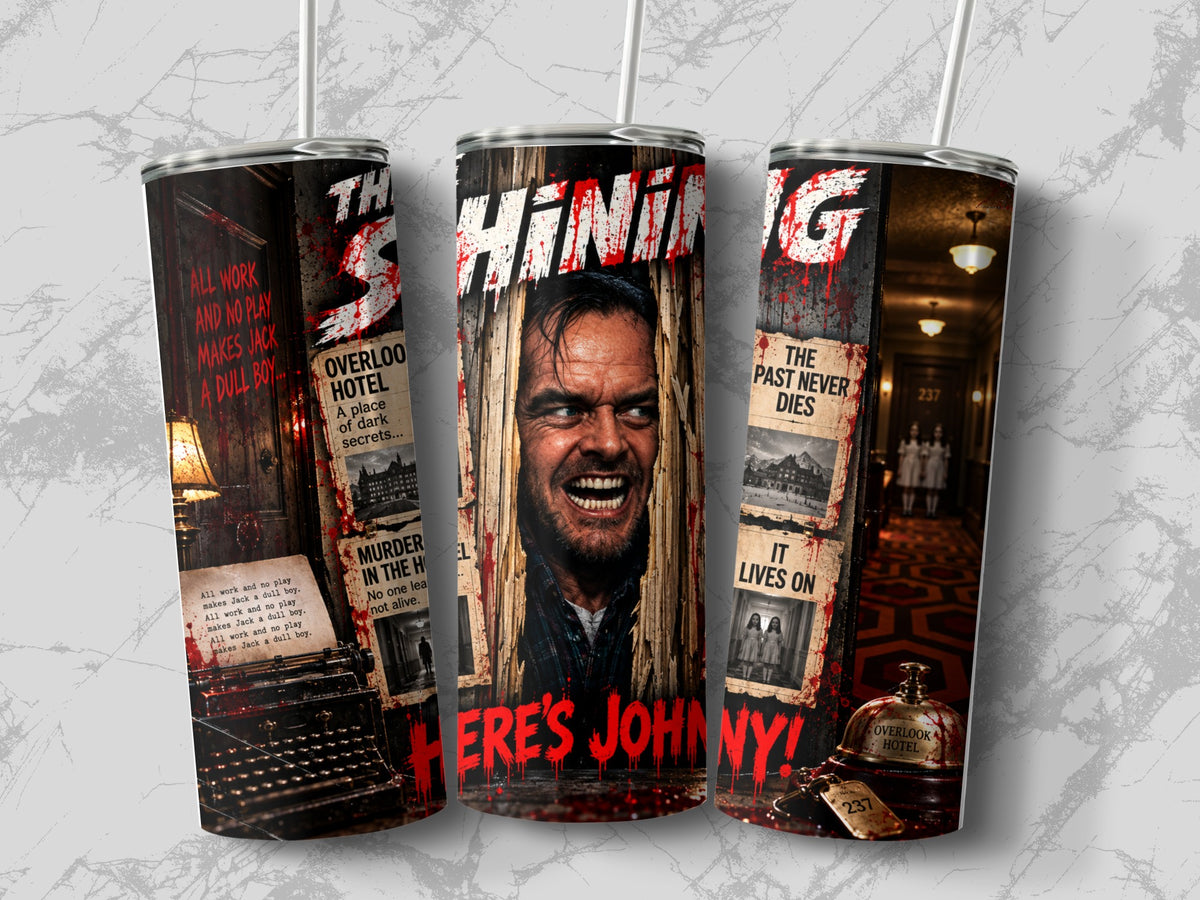 Three stainless steel tumblers feature horror-themed wrap graphics inspired by the movie The Shining, complete with straws.