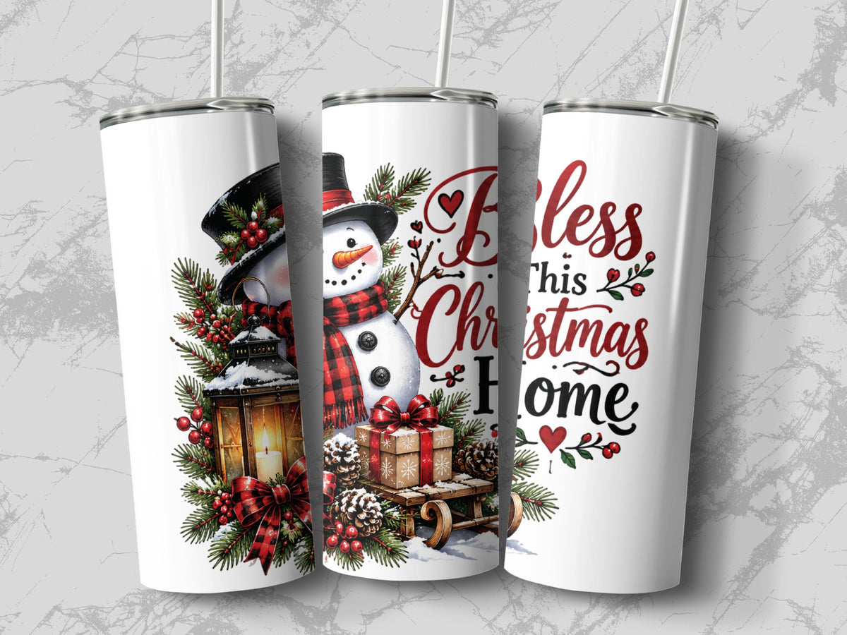 Three white stainless steel tumblers with straws, featuring watercolor Christmas designs including a snowman, lantern, and text.