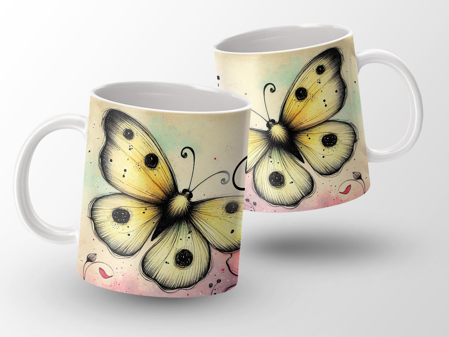 Yellow Butterfly Sketch Art Watercolor Pink Mug