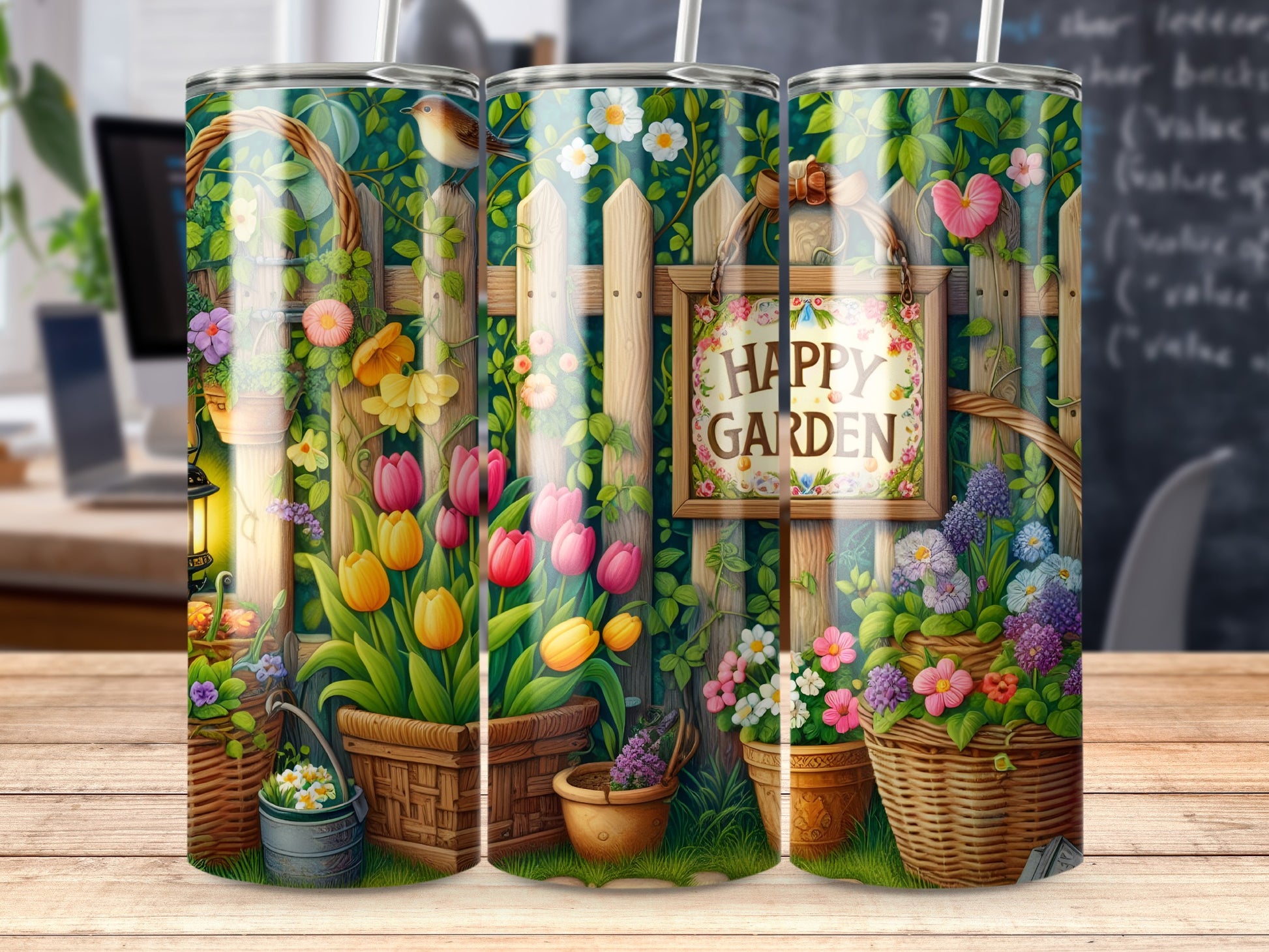 Tumbler with a rustic garden scene featuring tulips, flowers, and a "Happy Garden" sign.