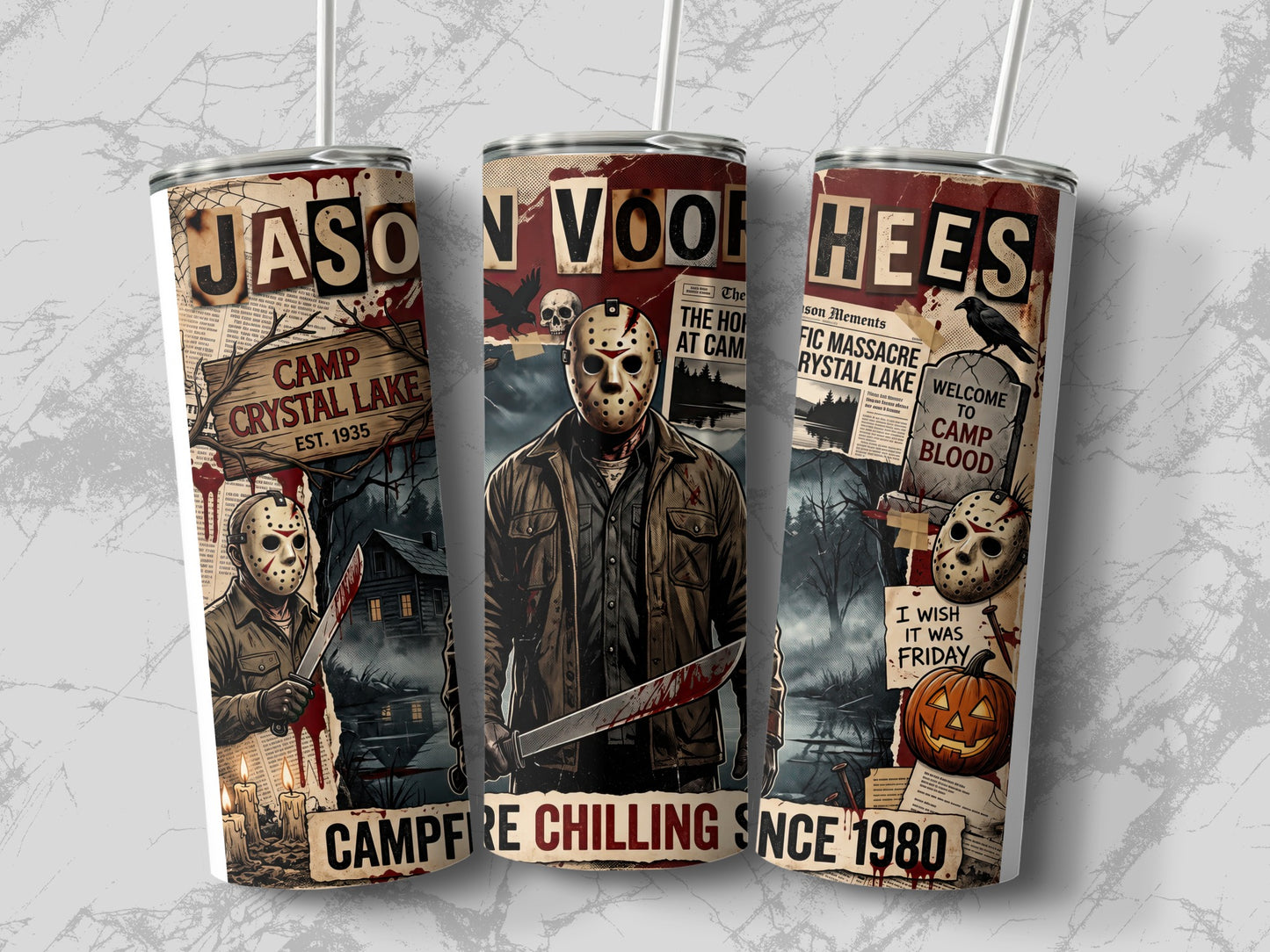 Tumblers with Jason Voorhees, Camp Crystal Lake, and "I wish it was Friday" text.