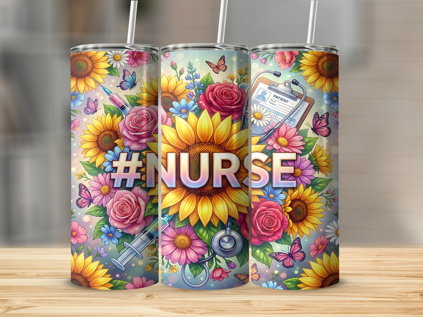 Sunflower and rose adorned tumbler with #NURSE text and medical symbols.