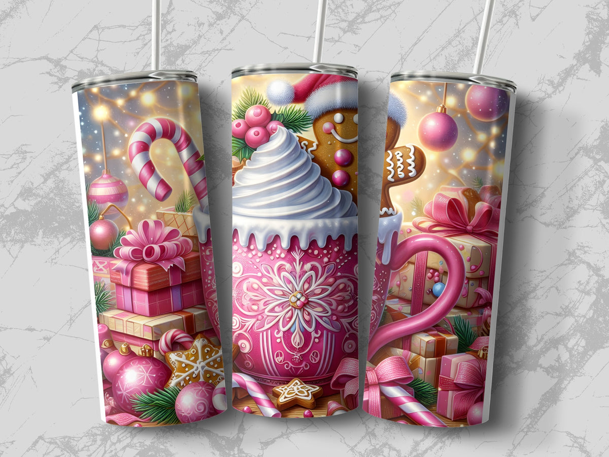 Three views of a stainless steel tumbler featuring a pink Christmas-themed design with candy canes and presents.