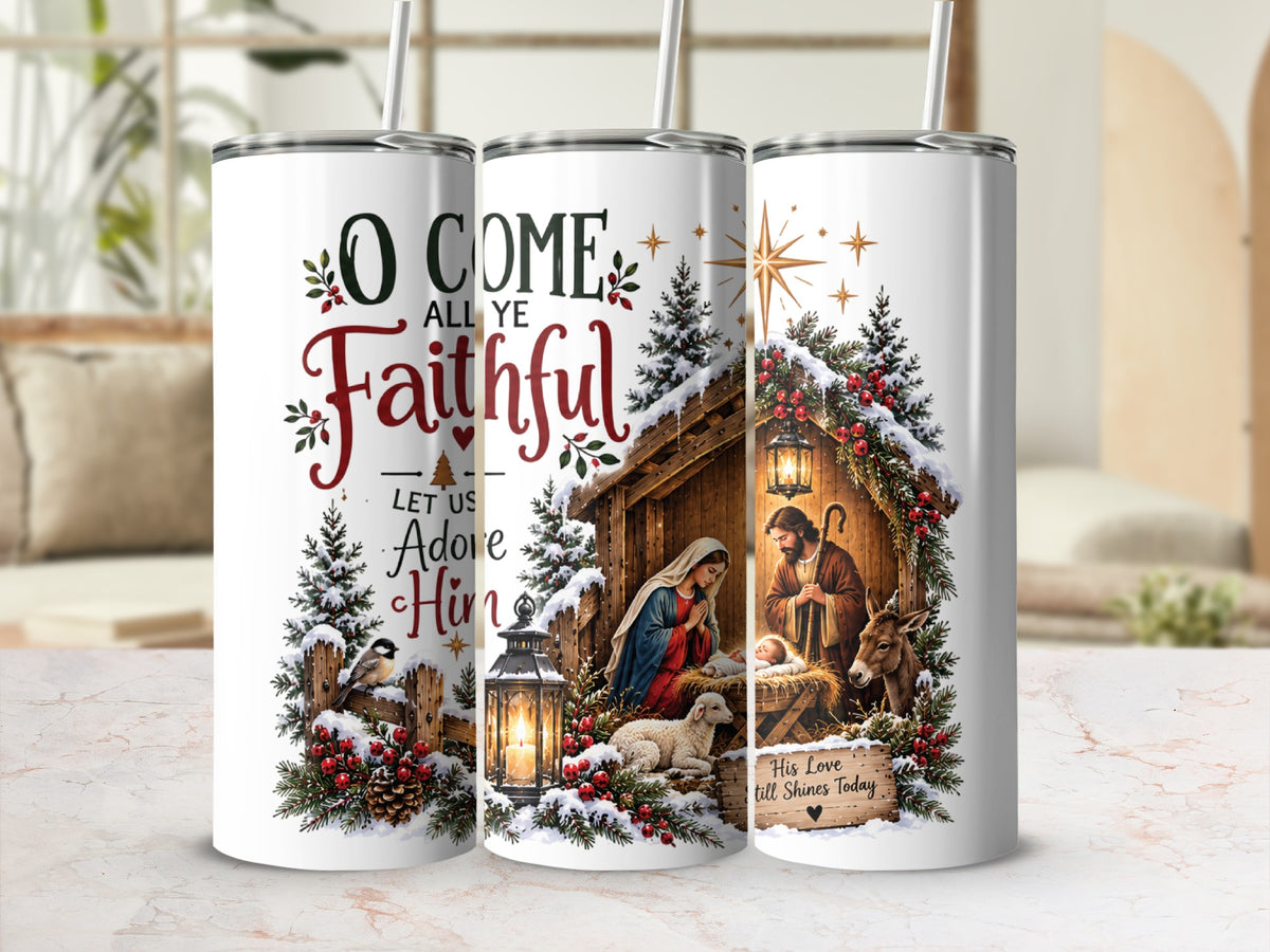 Three tall white tumblers display a Christmas nativity scene with text reading O Come All Ye Faithful.