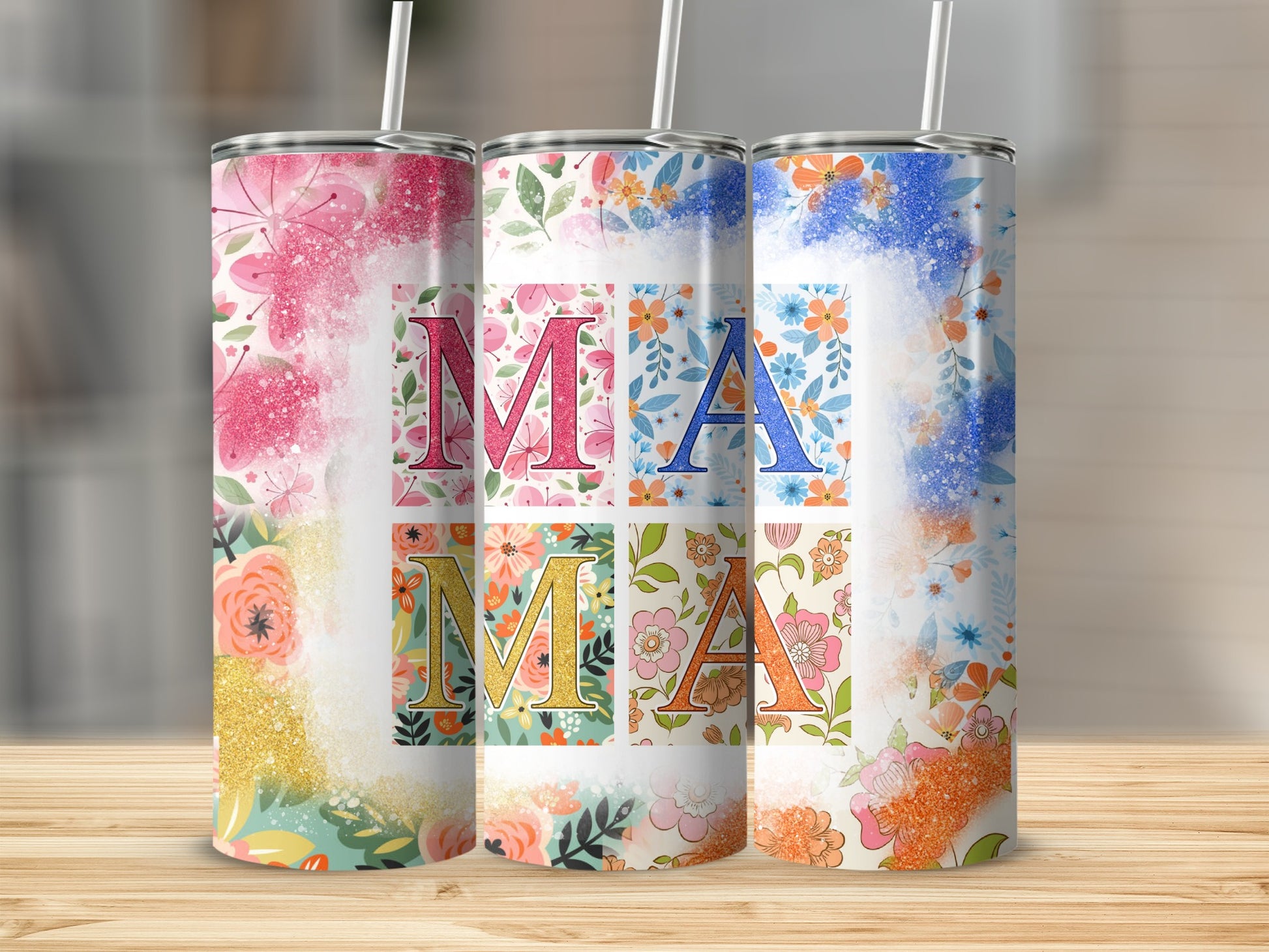 Floral MAMA Design Tumbler With Straw Cup