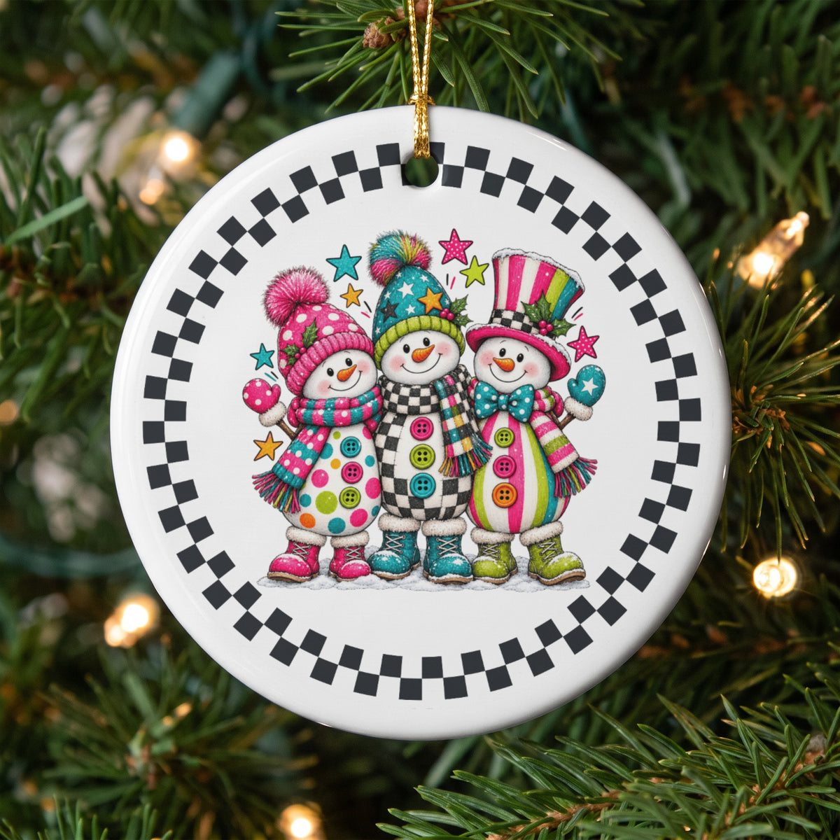 Three colorful snowmen wearing winter hats and scarves on a Christmas tree ornament.