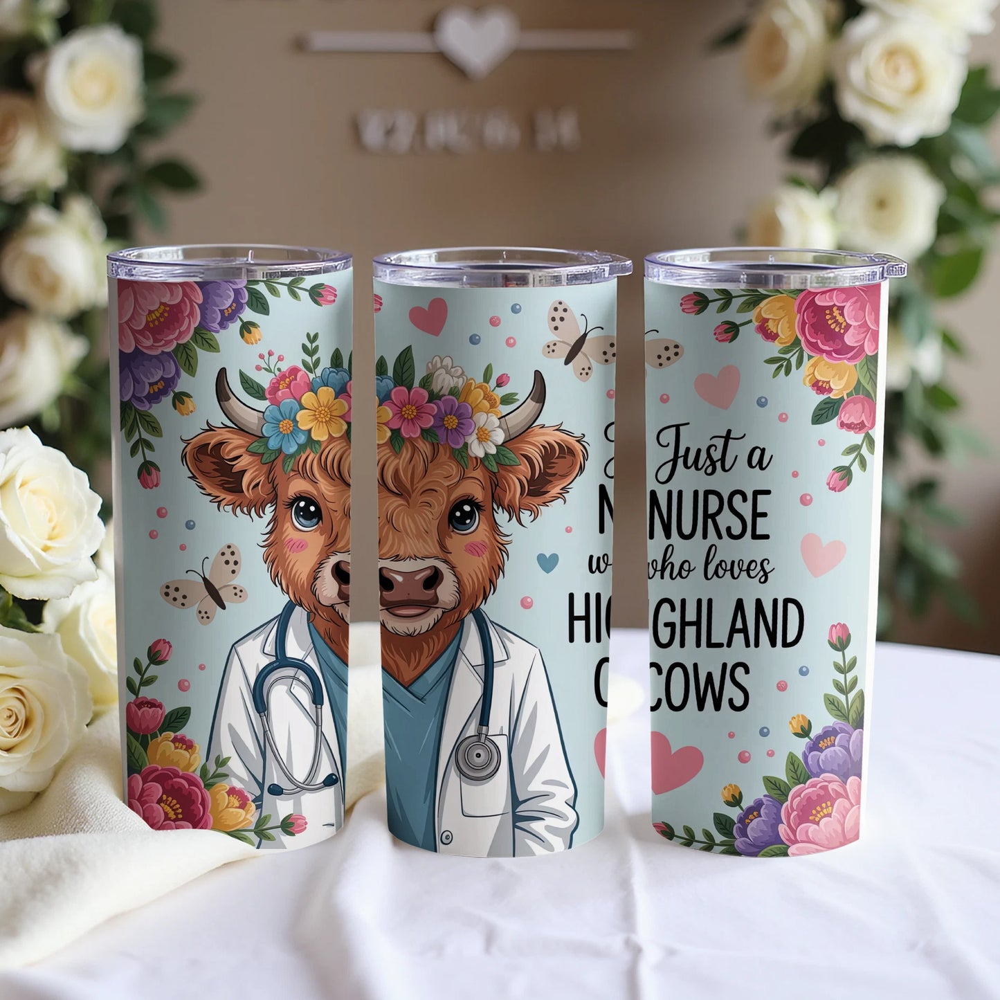 Cow nurse wearing stethoscope and flower crown with butterflies and text.