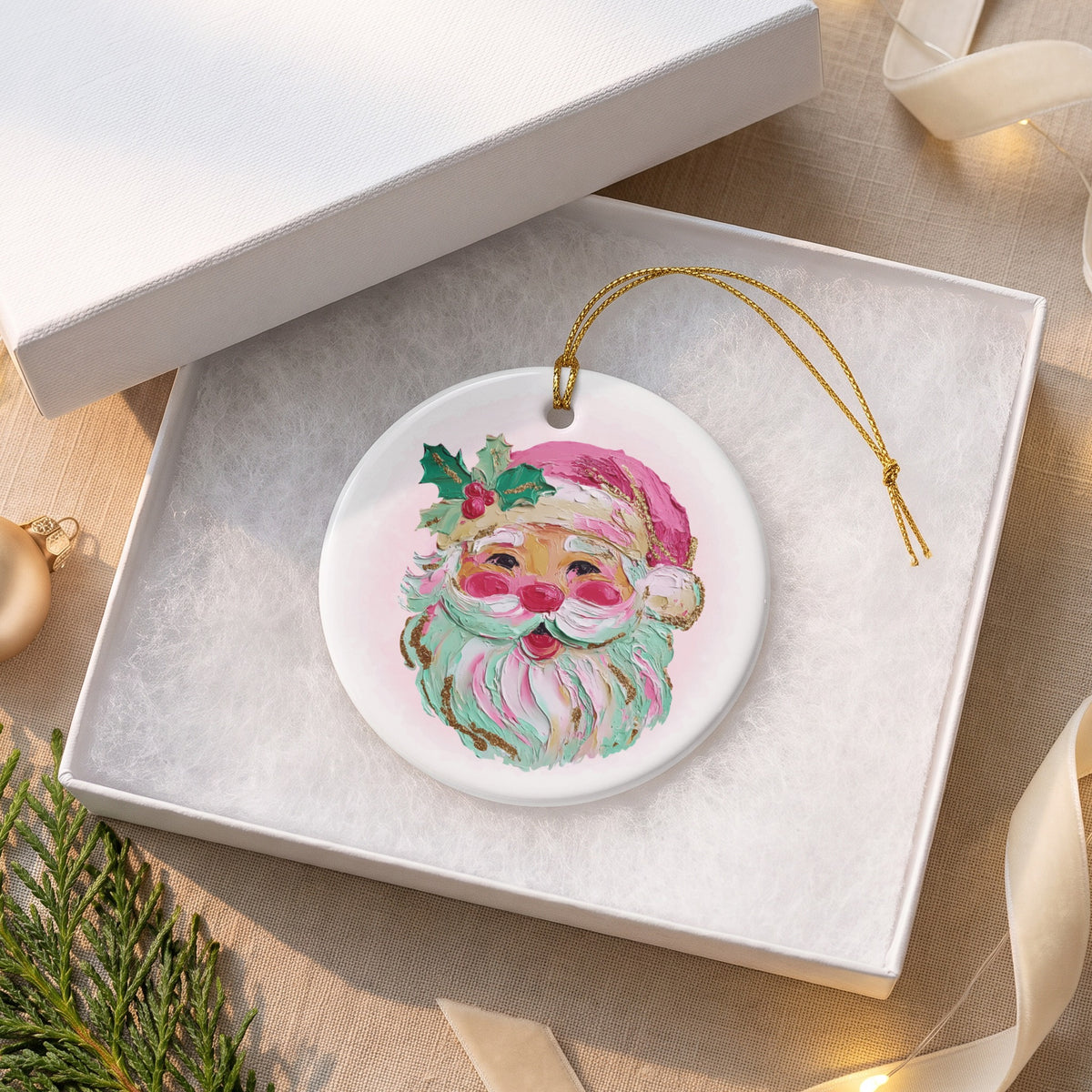 Round ceramic ornament with Santa Claus painting in a gift box.