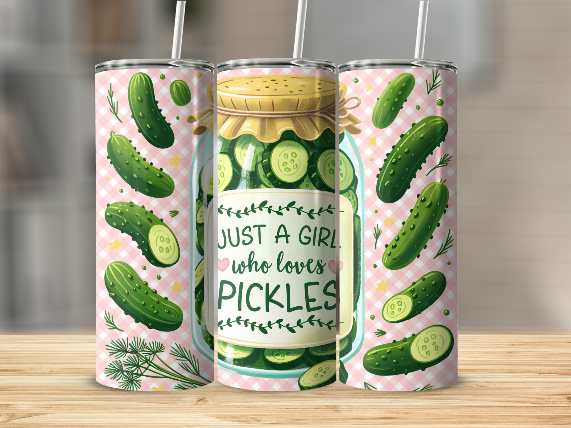 Tumbler with a jar of pickles and green gingham pattern.