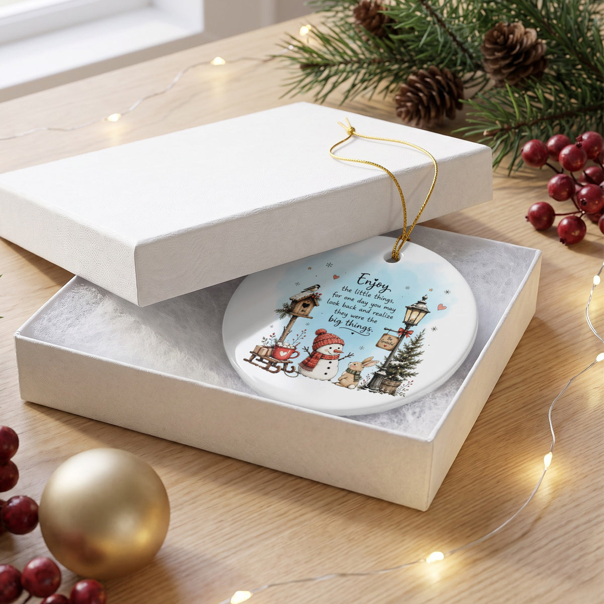 A round ceramic Christmas ornament inscribed with an inspirational quote rests inside an open white gift box.