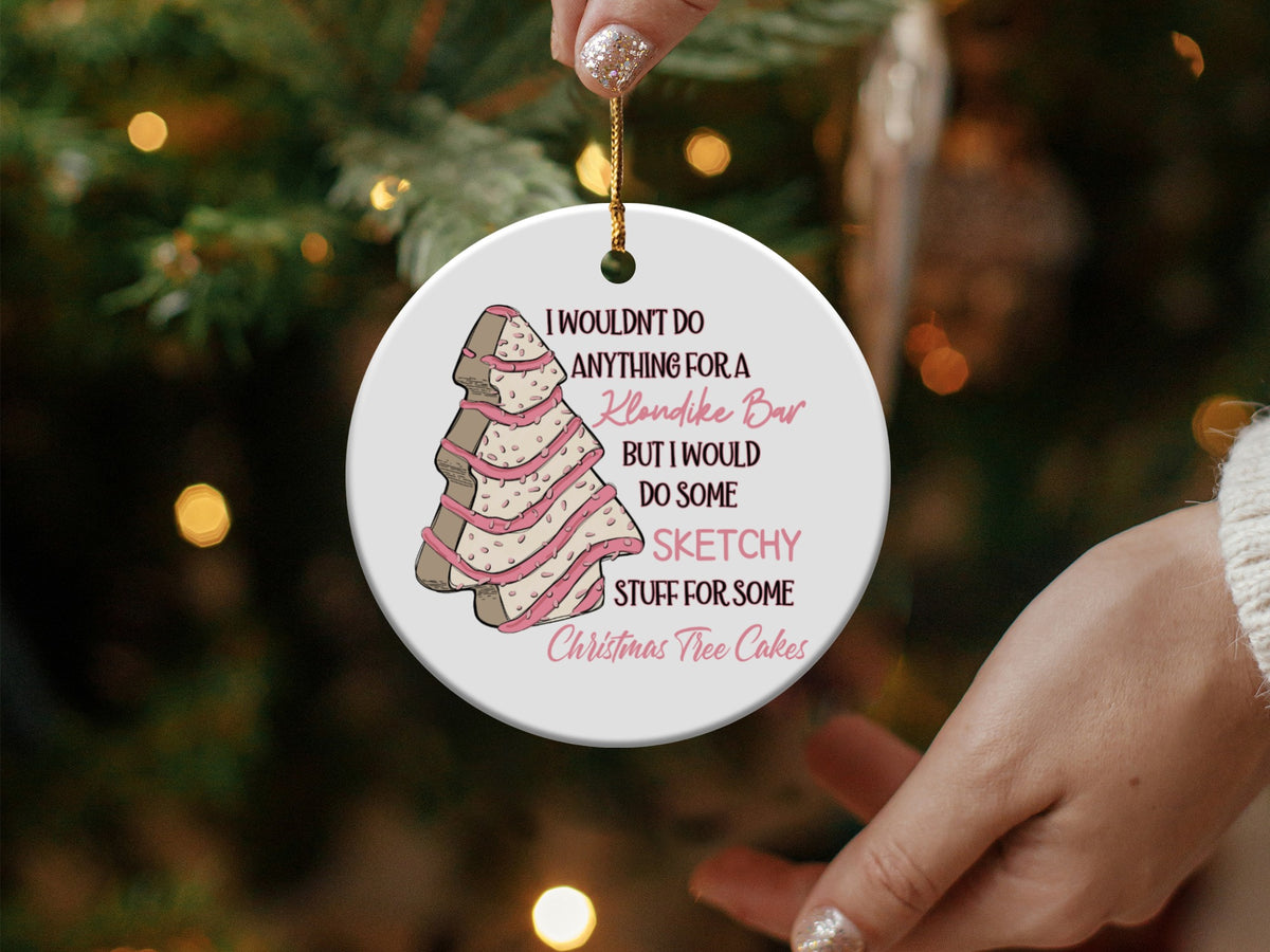 Ornament with Christmas tree cake illustration and text about Klondike bars.