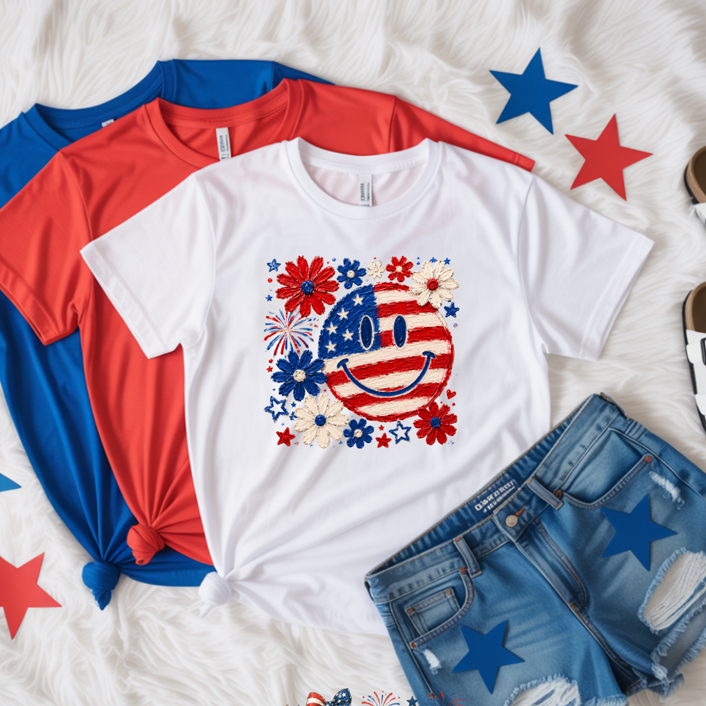 White t-shirt with American flag smiley face design, red and blue shirts, denim shorts on a white background with stars.