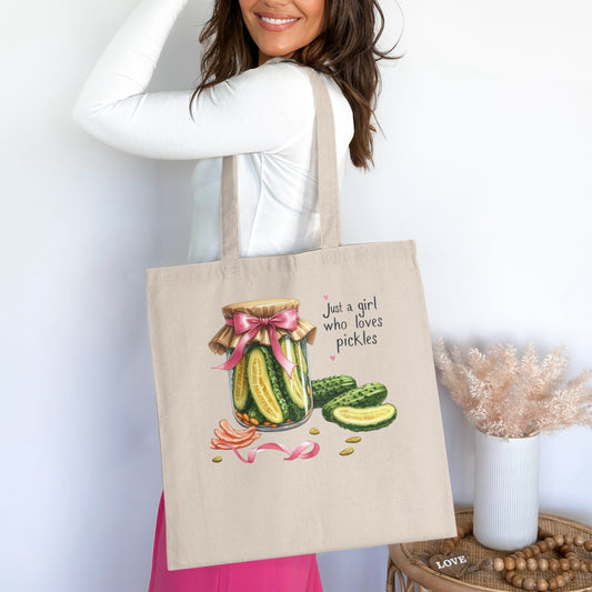 Tote bag with a jar of pickles and text "Just a girl who loves pickles."