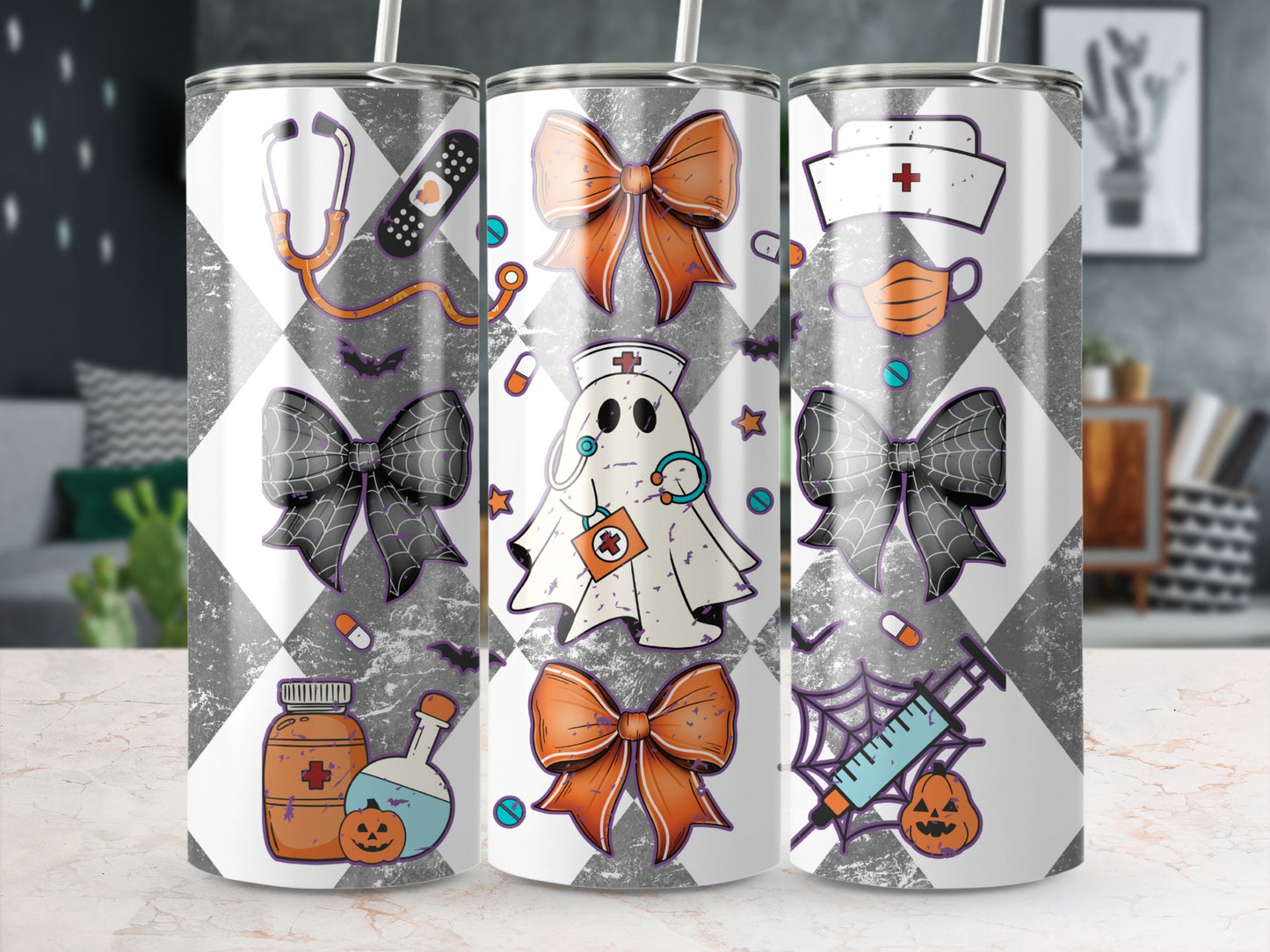 Halloween nurse tumbler with ghost, stethoscope, bandages, syringe, and pumpkins.