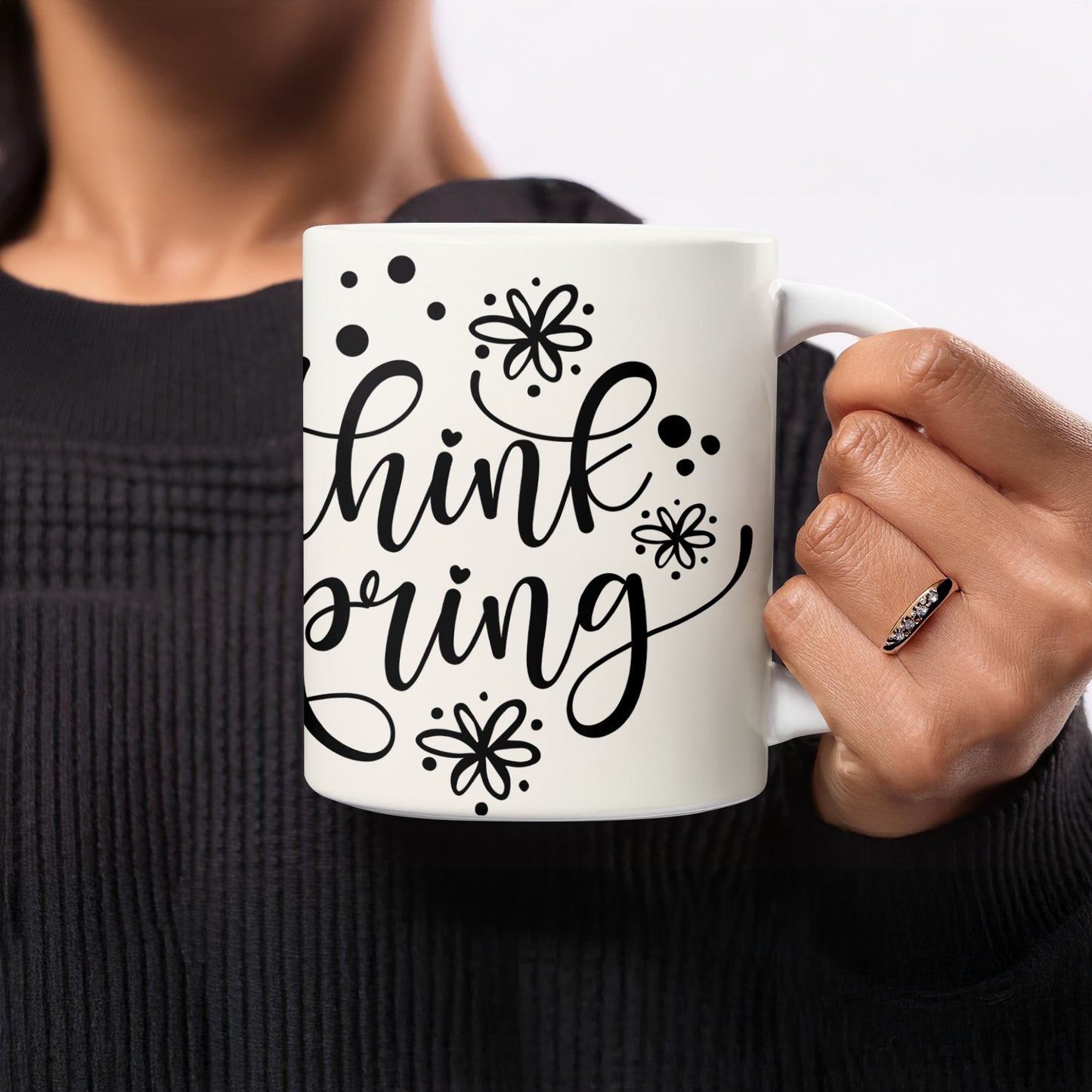 Think Spring Script Floral Dot Pattern White Mug product type