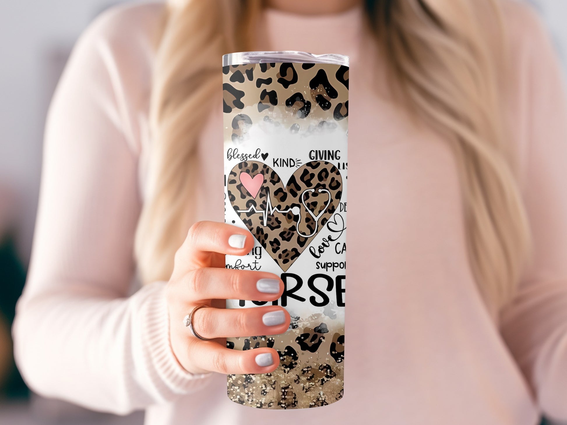 Leopard print tumbler with heart, stethoscope, and "Nurse" text.