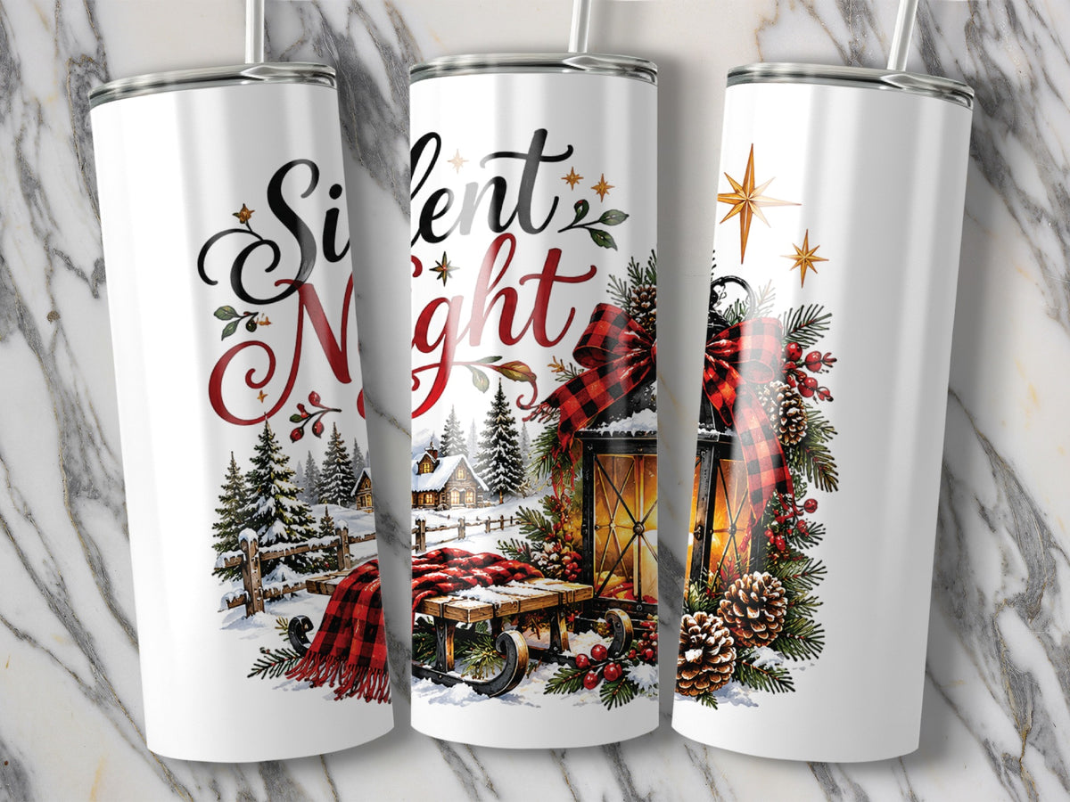 Three white tumblers with lids and straws display a watercolor winter scene, red buffalo plaid blanket, and the text "Silent Night".