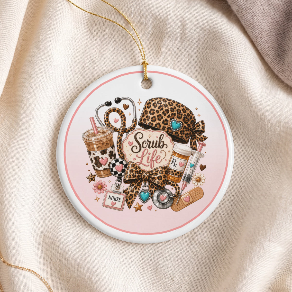 Nurse-themed ornament with "Scrub Life" text, stethoscope, coffee, and medical items.