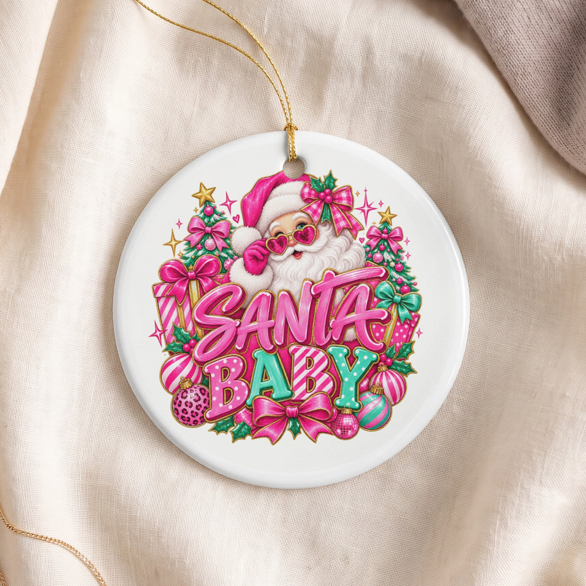 Ornament with Santa, trees, gifts, and text "Santa Baby".