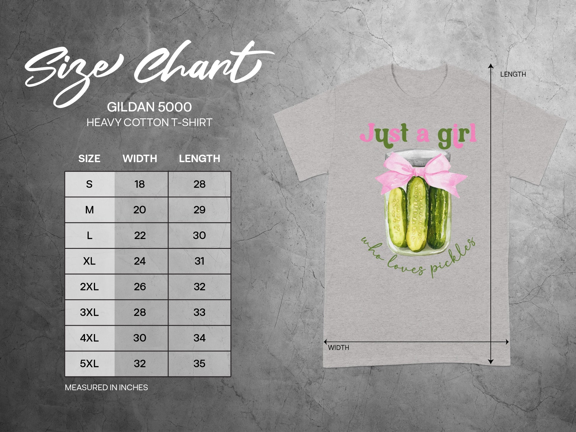 Gildan 5000 t-shirt size chart with graphic of pickle and text "who loves pickles".