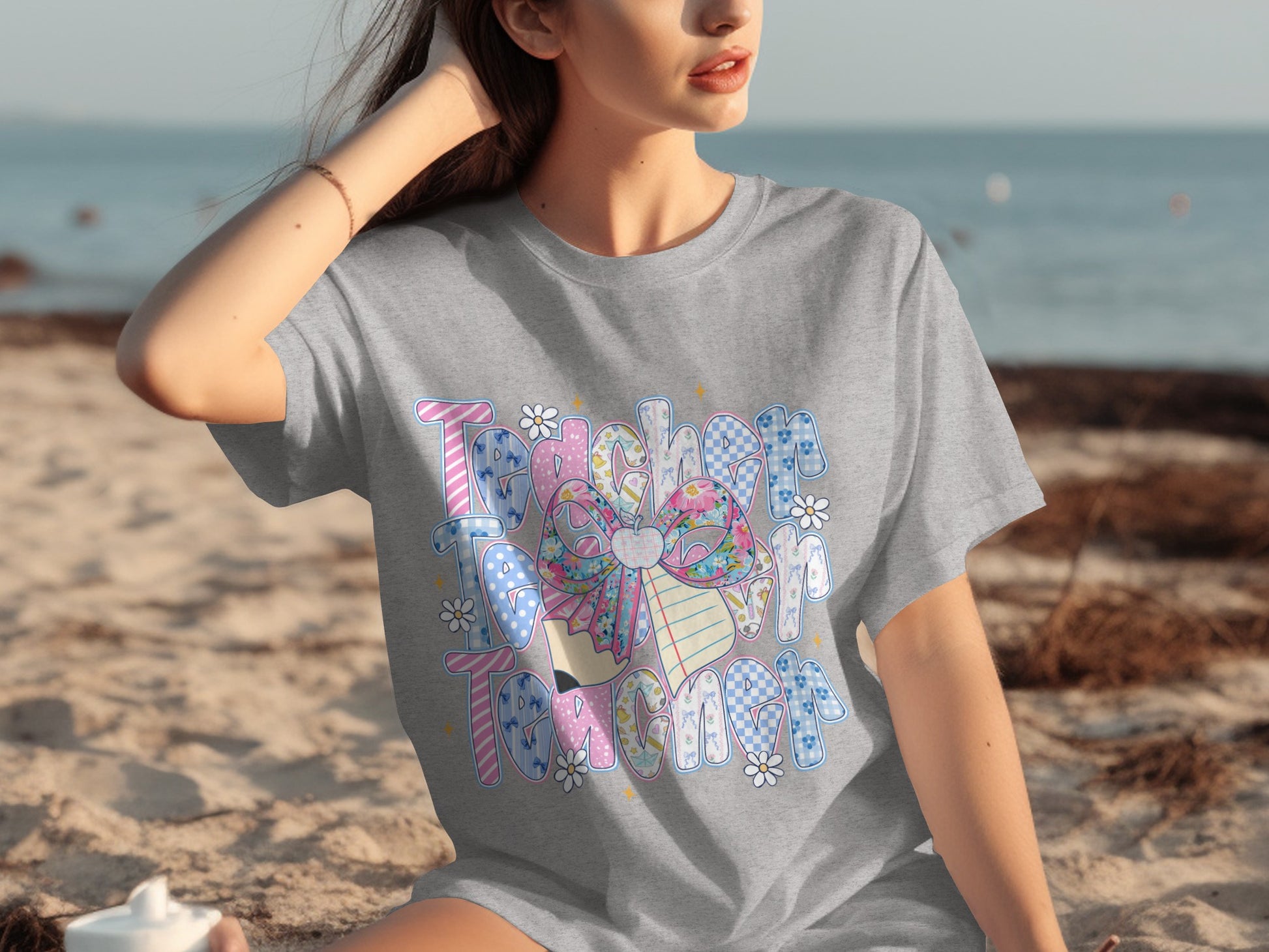 Teacher Bow Graphic T-Shirt with Colorful Patterns