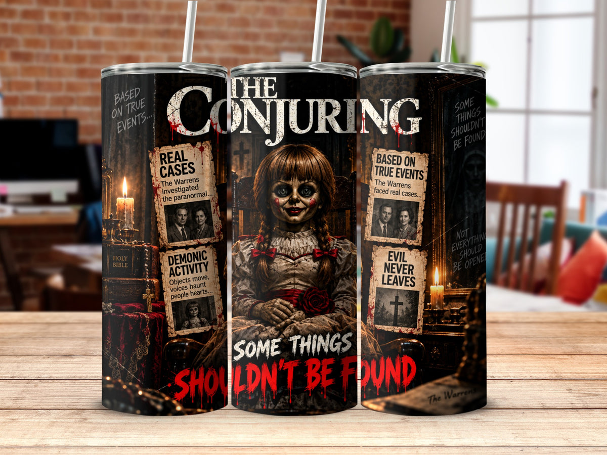 Three metal tumblers display a horror movie theme featuring the Annabelle doll and The Conjuring text.