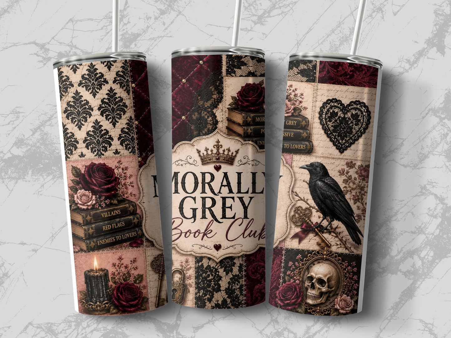 Tumblers with "Morally Grey Book Club" and gothic designs.