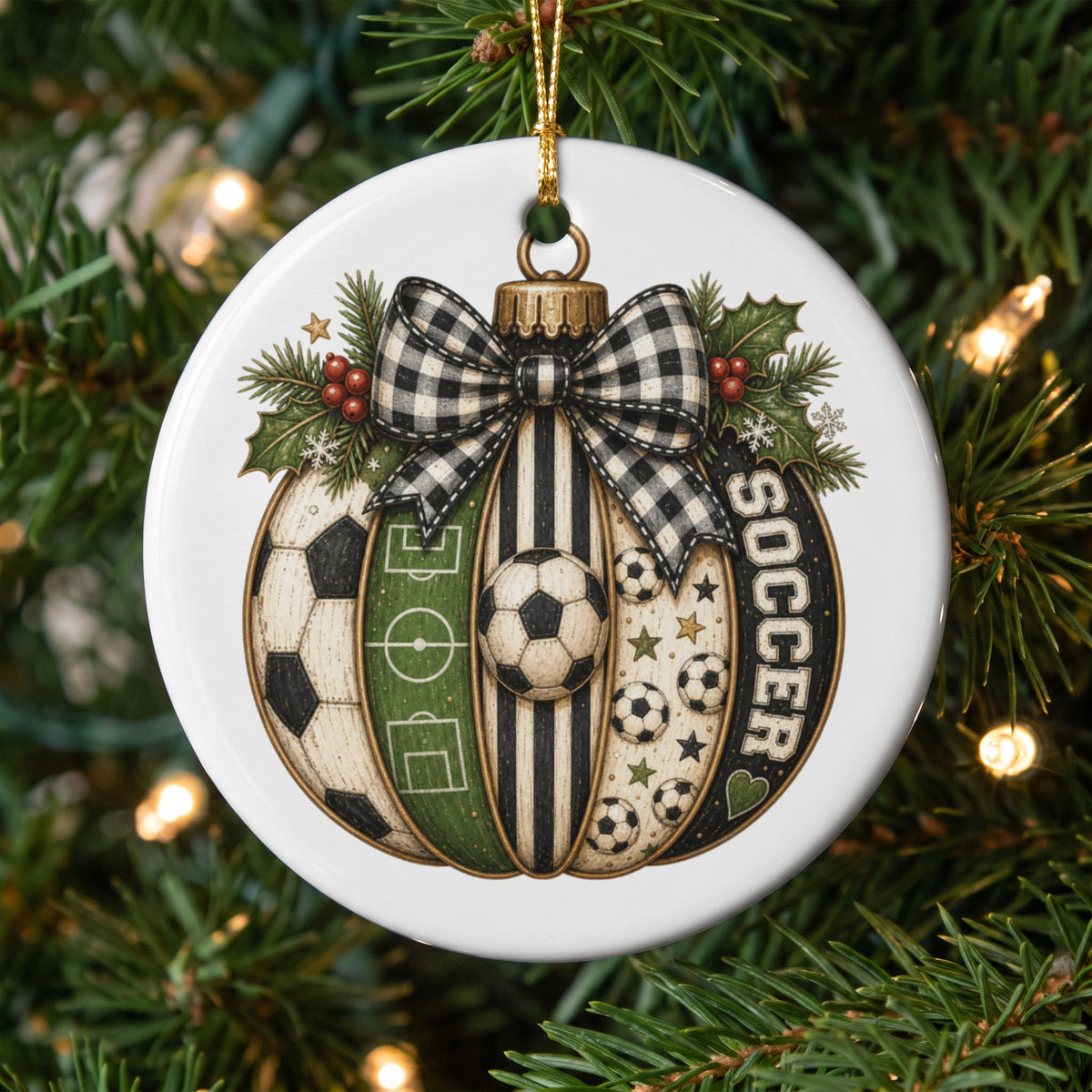 Round ornament with soccer elements, plaid bow, and "SOCCER" text.