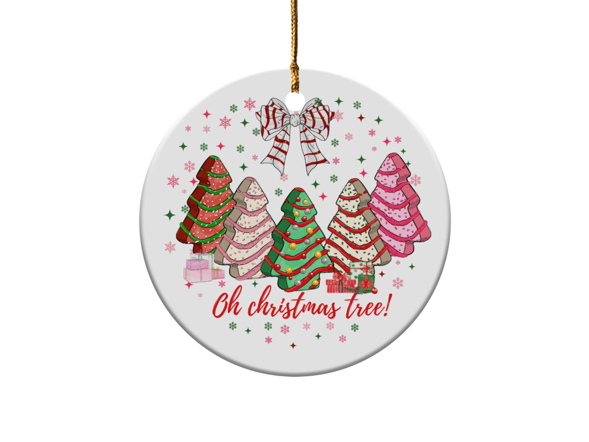 Ornament with gingerbread Christmas trees and "Oh Christmas tree!" text.