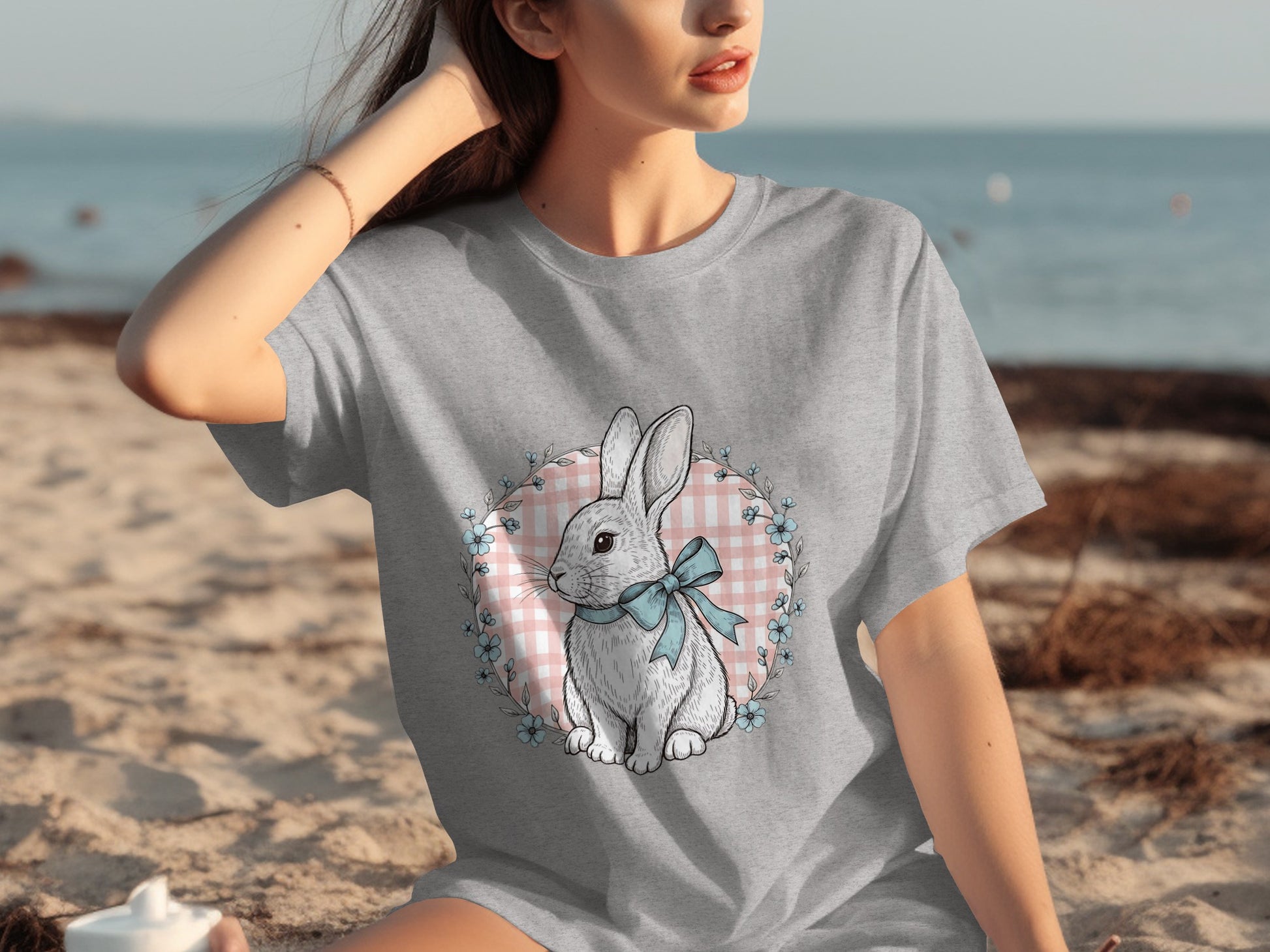Cute Easter Bunny with Blue Bow Graphic T-Shirt