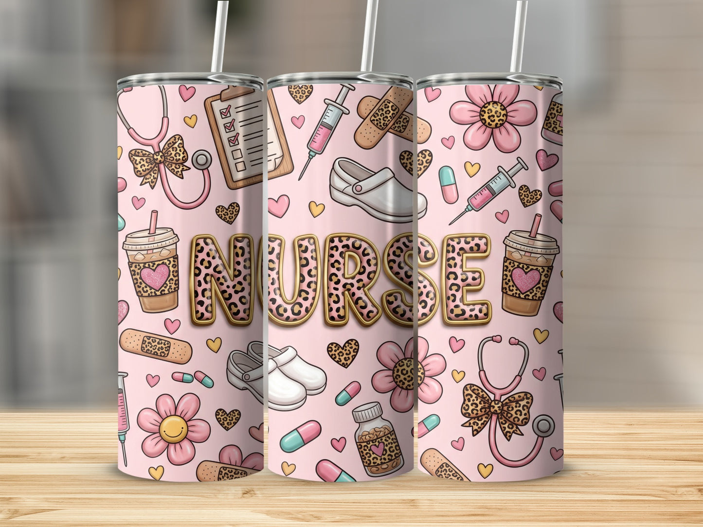 Pink tumbler with nurse-themed icons and leopard print "NURSE" text.