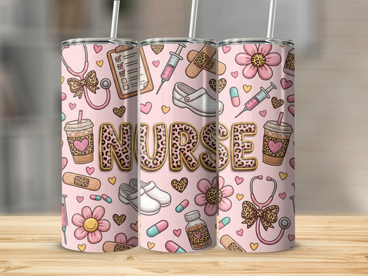 Pink tumbler with nurse-themed icons and leopard print "NURSE" text.