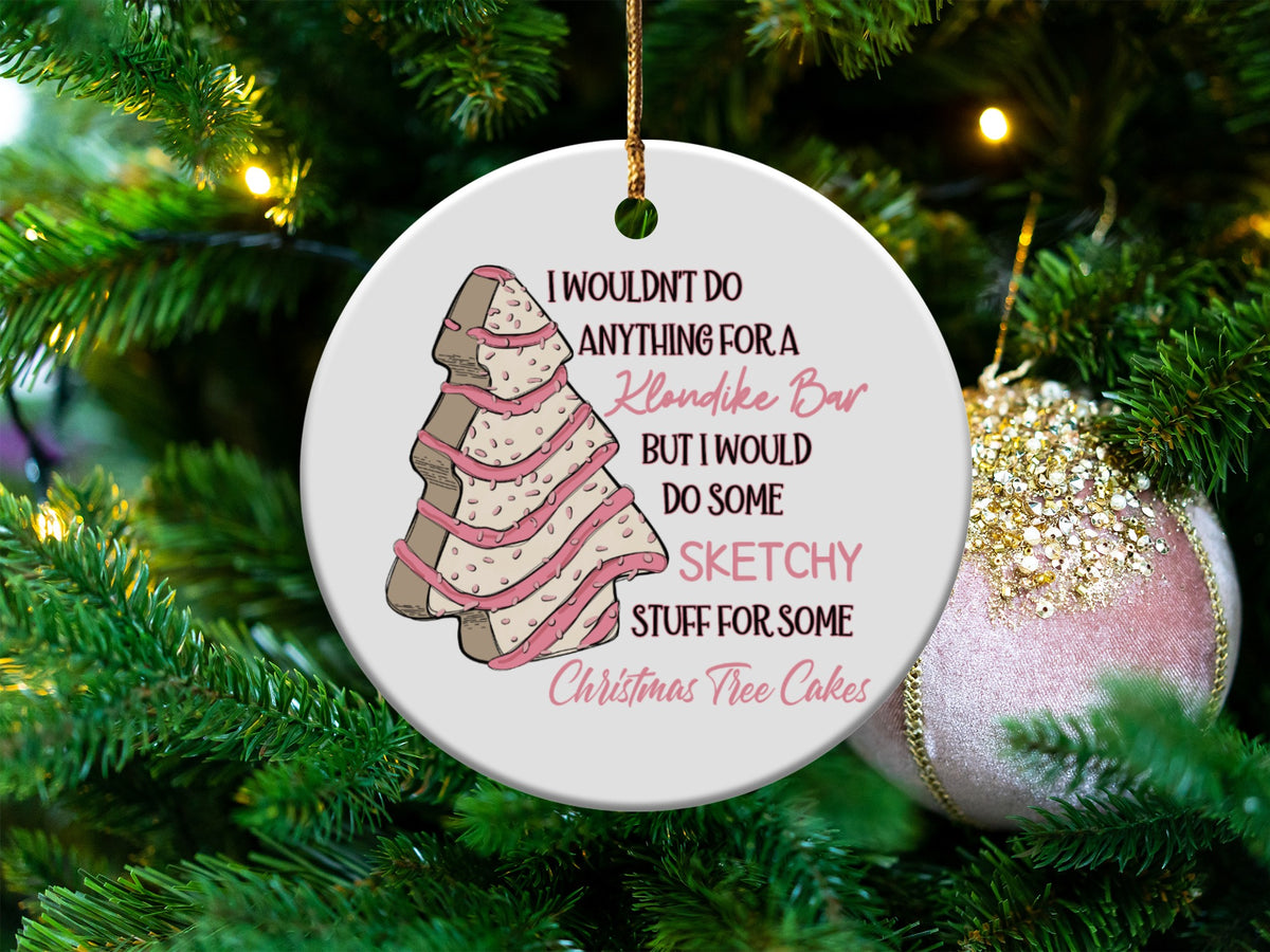 Christmas ornament with drawing of a frosted tree cake and text about Klondike Bars.