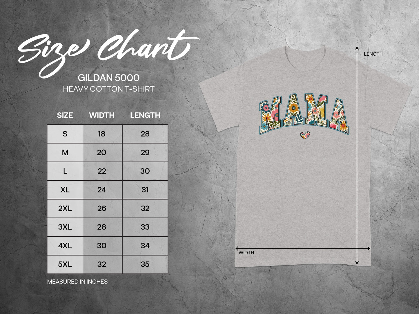 Gildan 5000 size chart for Heavy Cotton T-shirts with measurements.