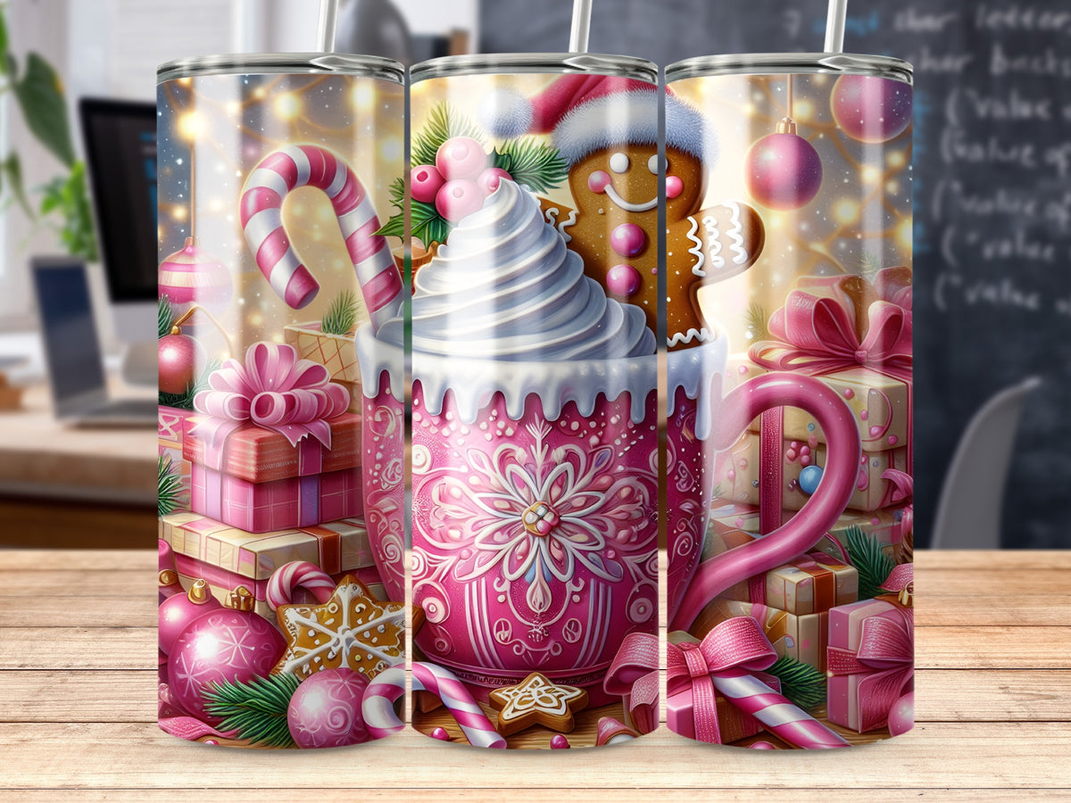 Three cylindrical metal tumblers feature a pink Christmas theme with gingerbread cookies, candy canes, and wrapped gifts.