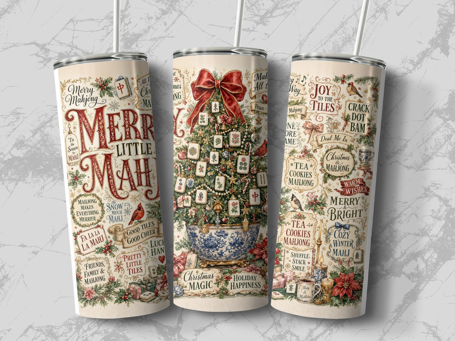 Three tumblers with festive Mahjong and Christmas designs and text.