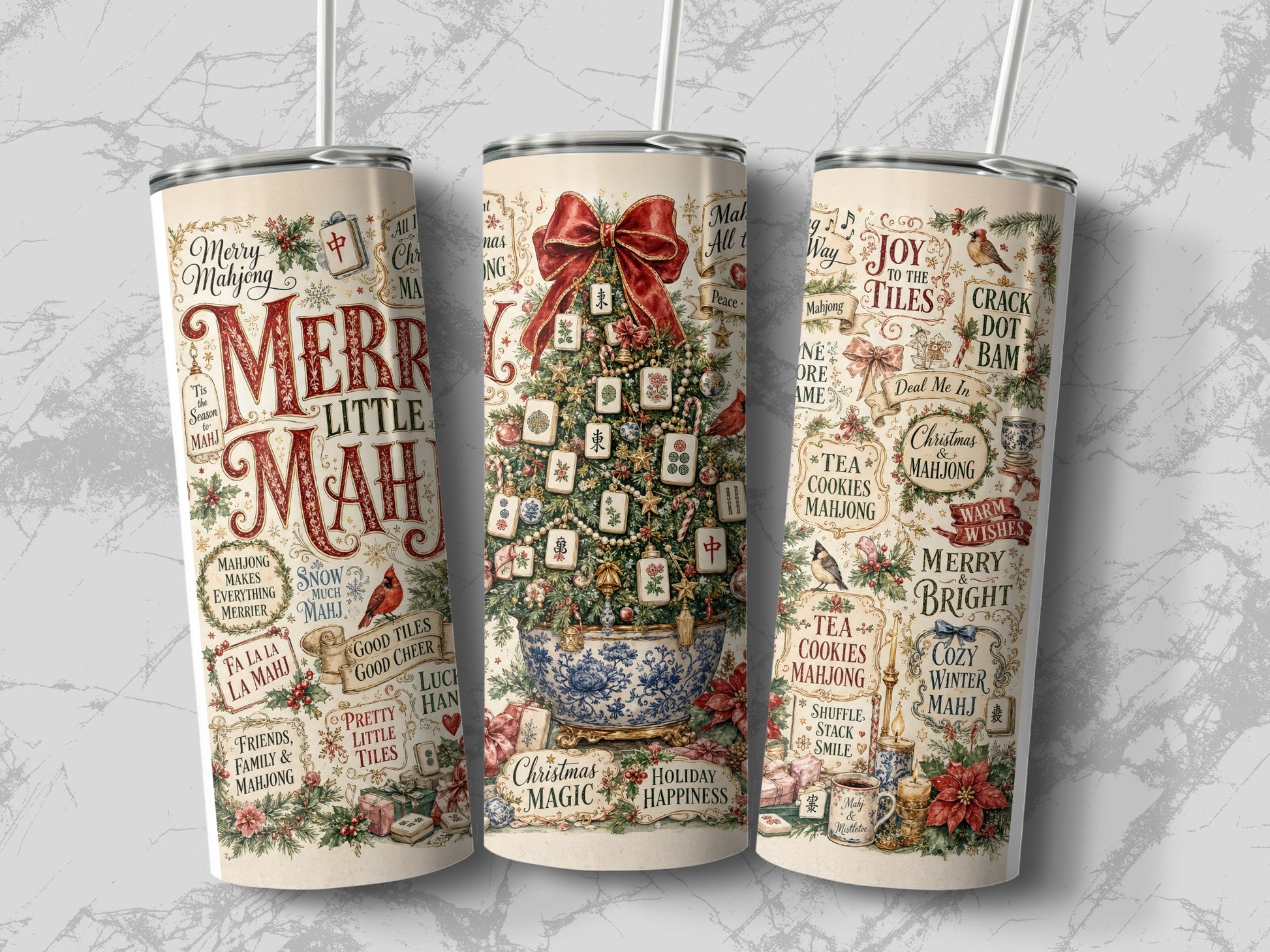 Three tumblers with festive Mahjong and Christmas designs and text.