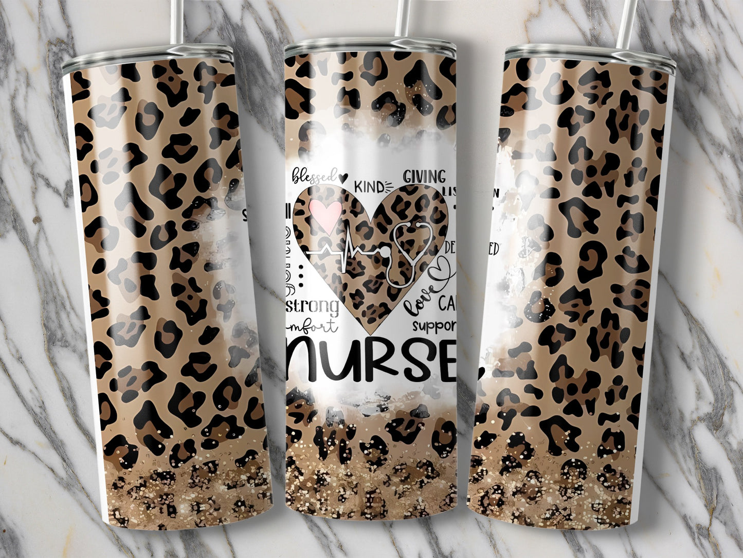 Leopard print tumbler with "NURSE" and medical symbols.
