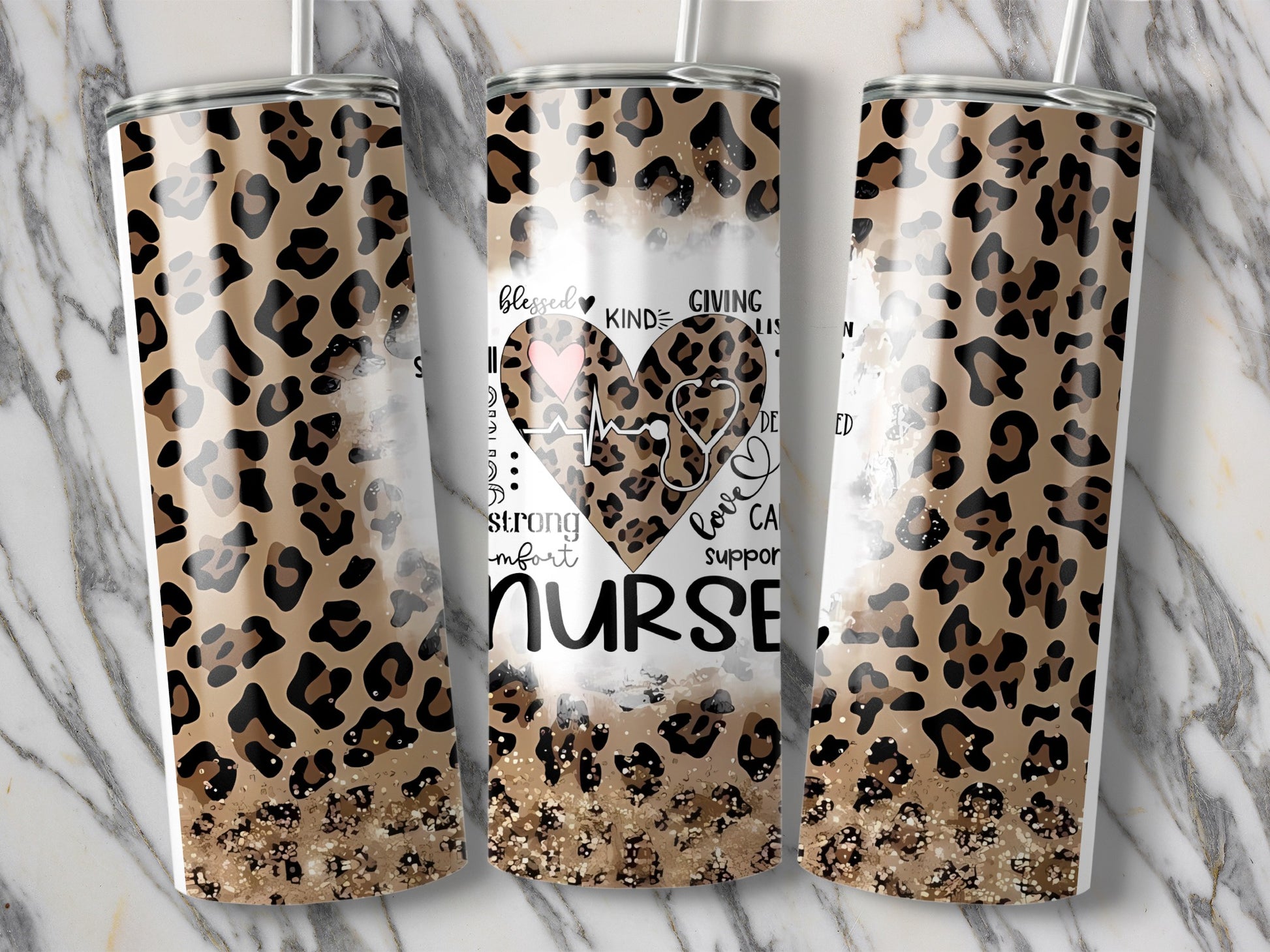 Leopard print tumbler with "NURSE" and medical symbols.