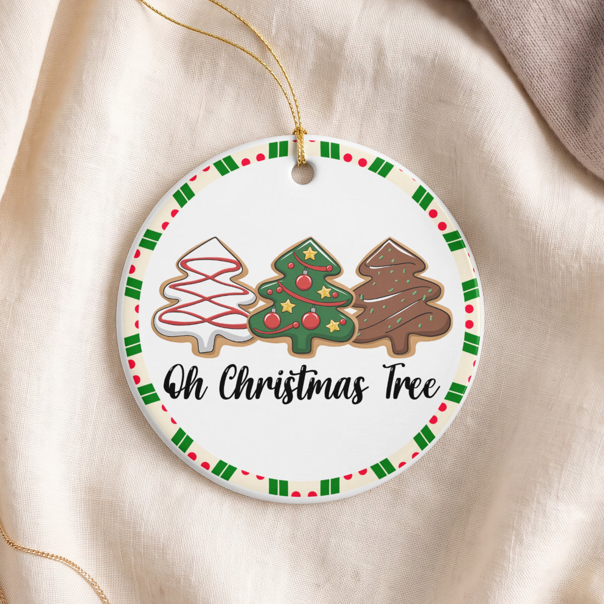 Christmas ornament with three decorated cookie trees and "Oh Christmas Tree" text.