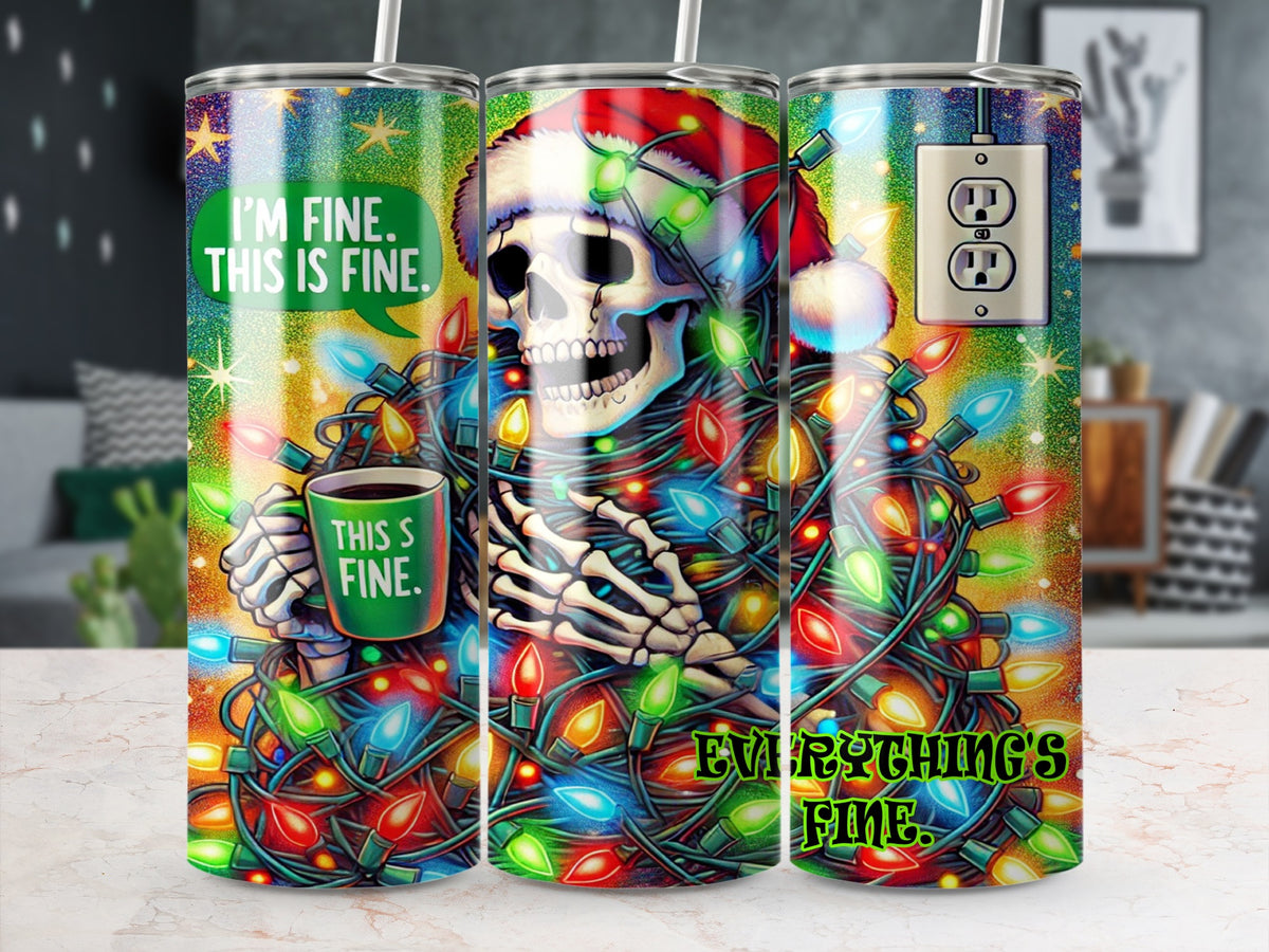 Three views of a tumbler wrap featuring a skeleton wearing a Santa hat, tangled in Christmas lights, holding a mug.