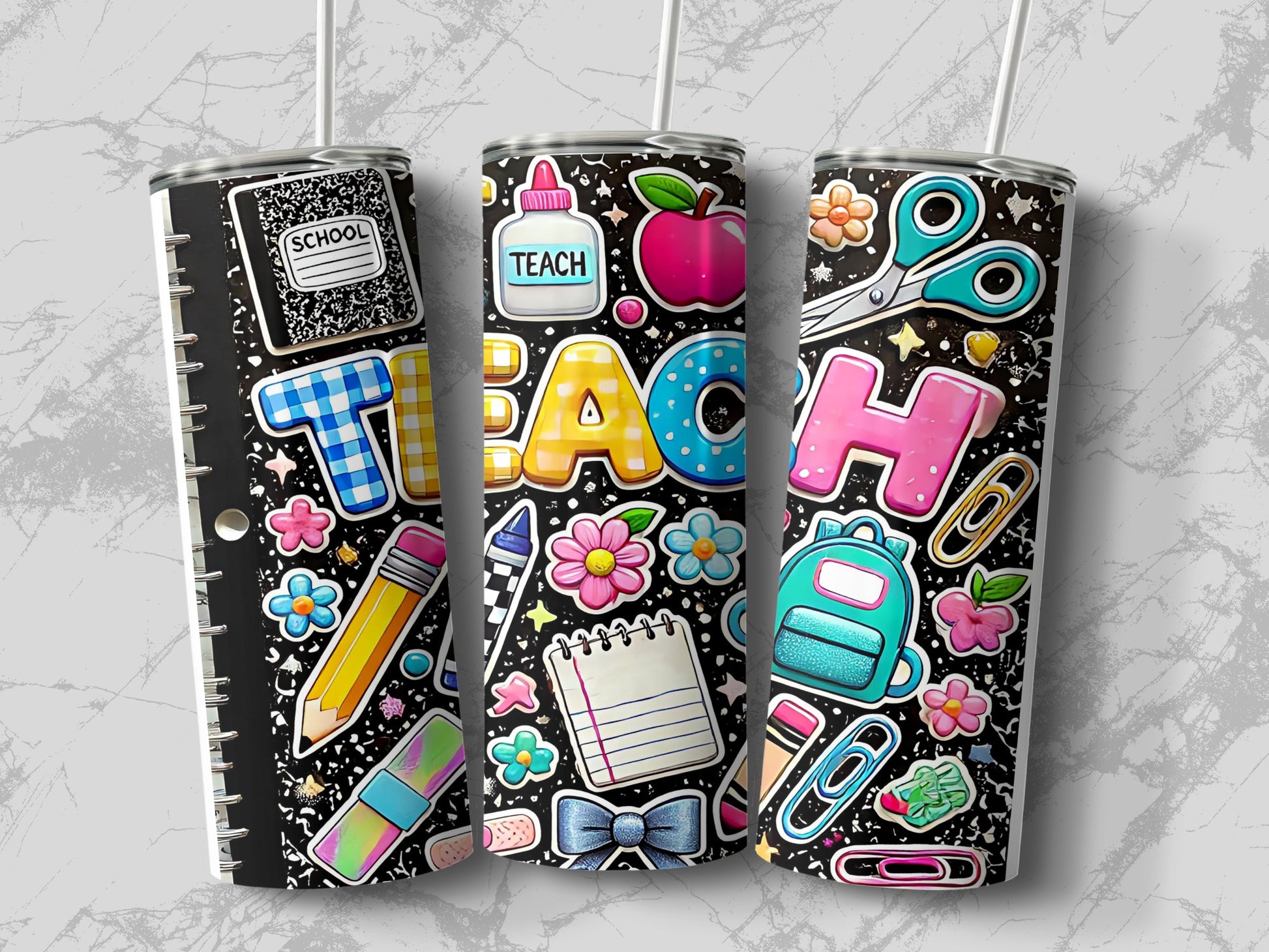 Three tumblers with a school-themed pattern, including "Teach".