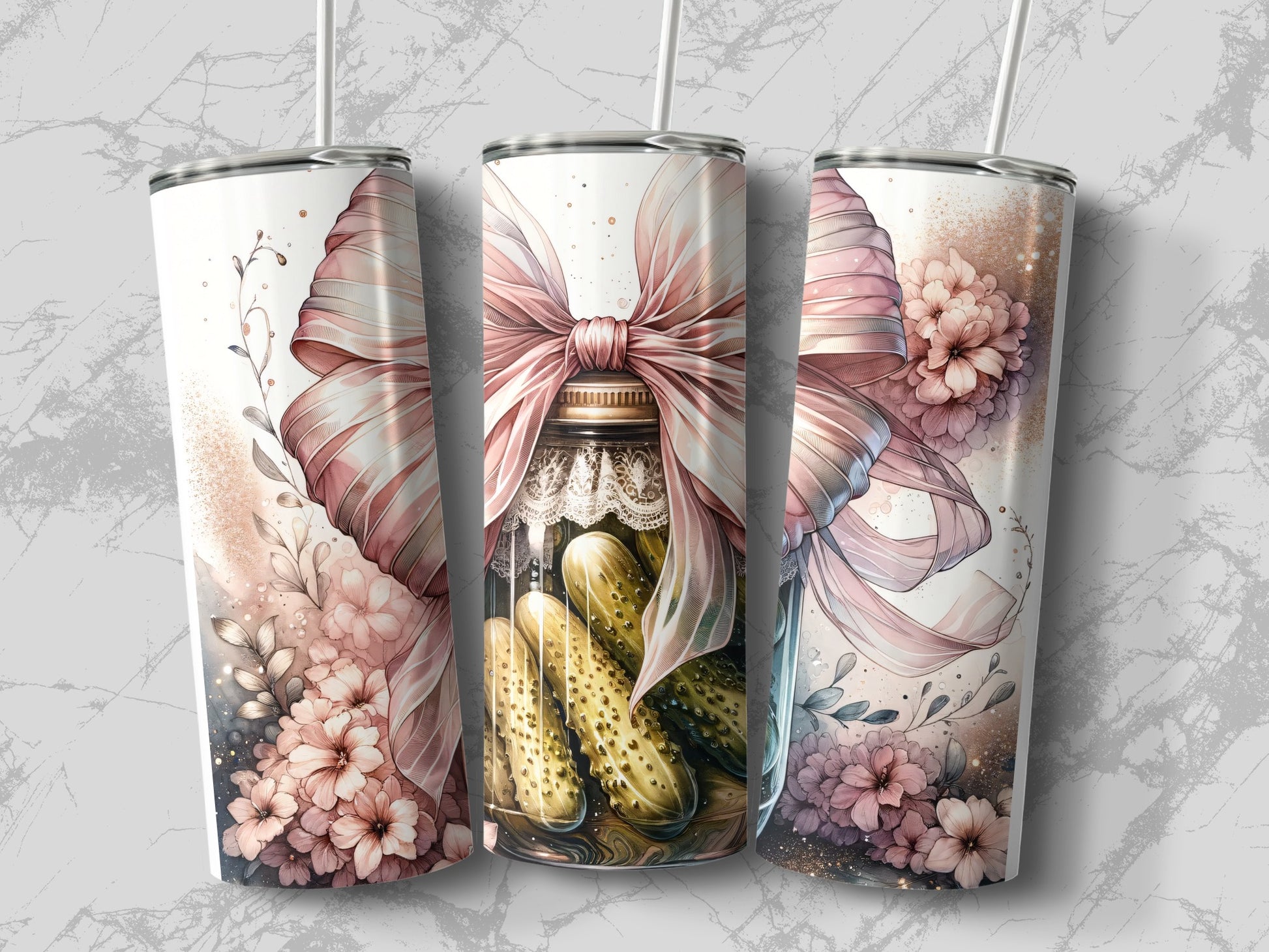 Pickle jar with pink bow and floral accents on marbled background.