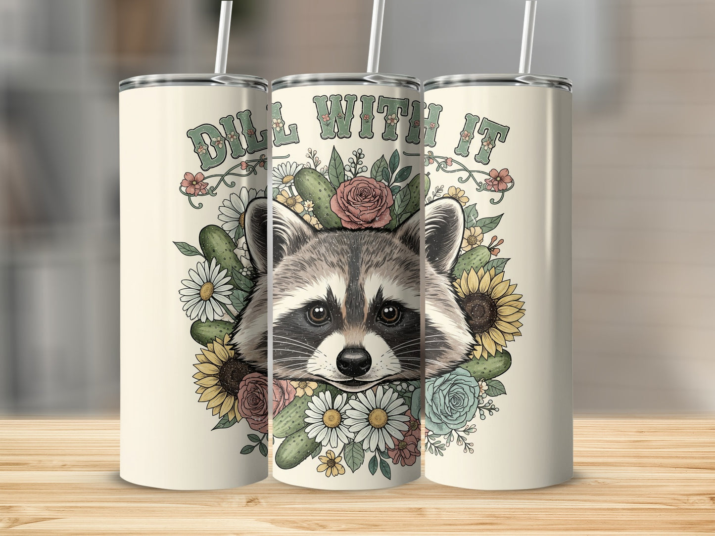 Raccoon head centered in floral wreath with "Dill With It" text.