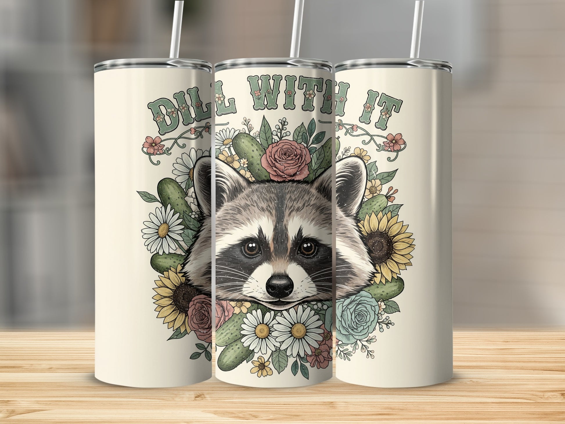 Raccoon head centered in floral wreath with "Dill With It" text.