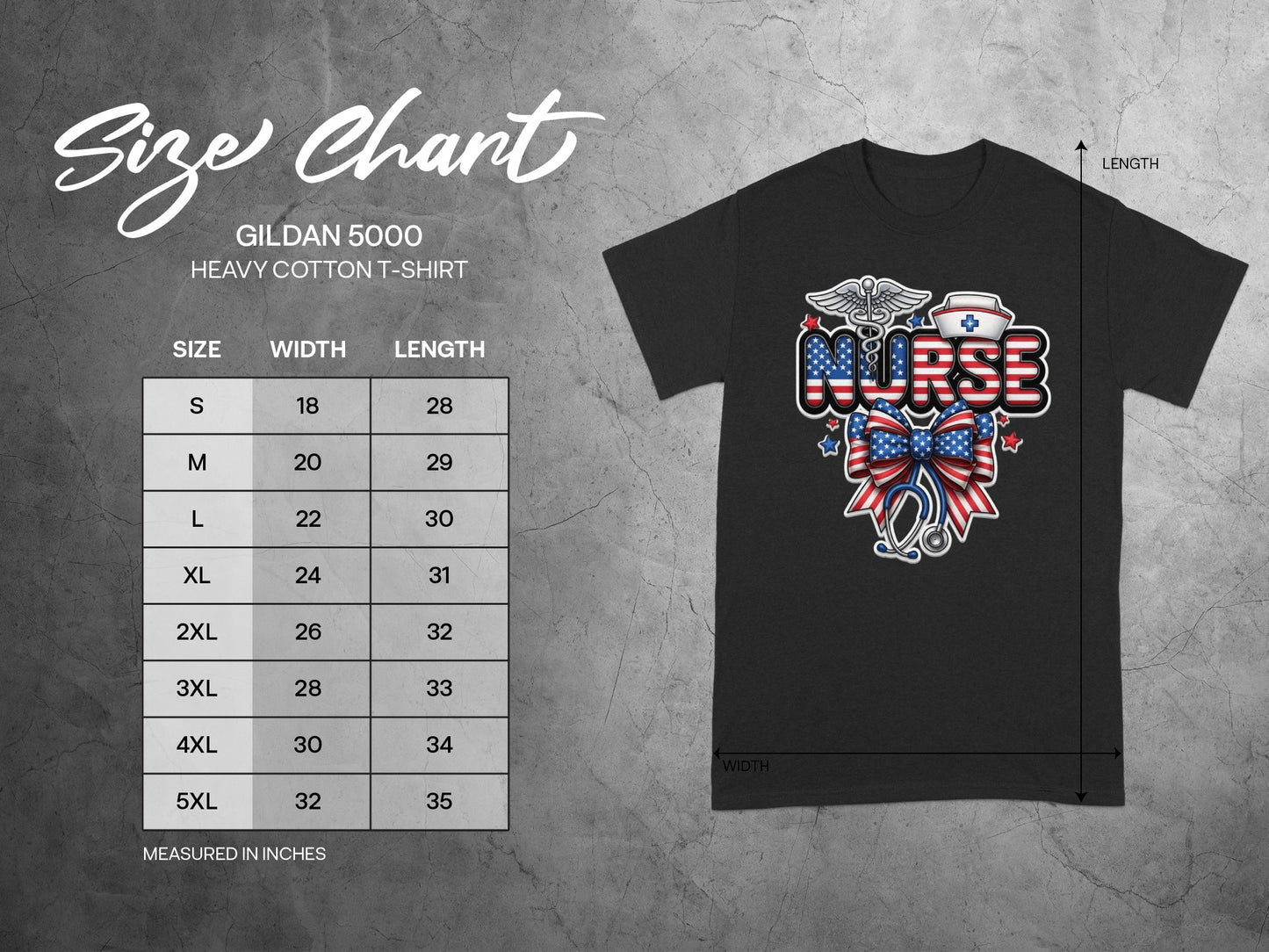 Gildan 5000 size chart for a nurse t-shirt, with width and length measurements.
